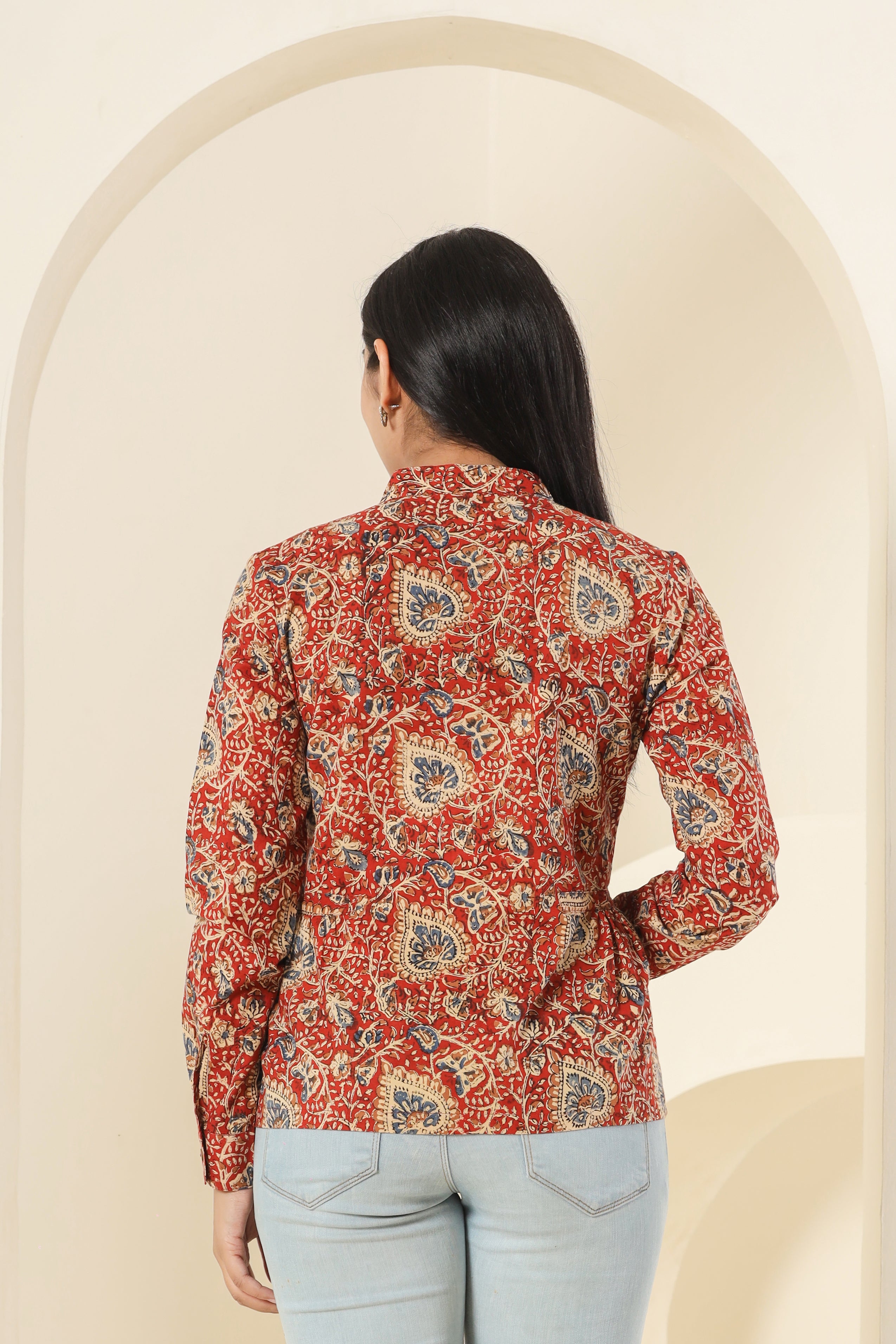 Red Kalamkari Womens Hand Block Printed Shirt Tops