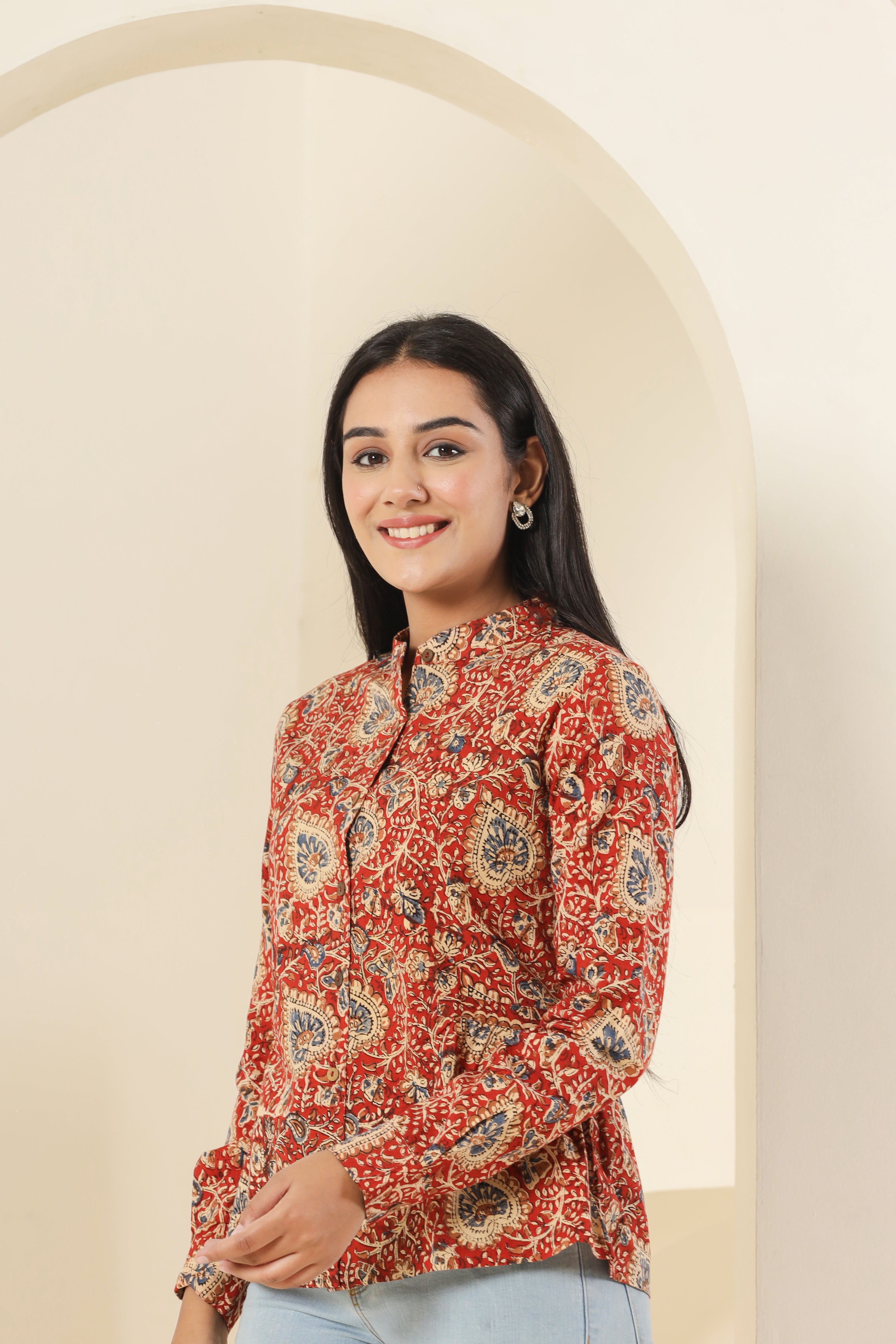 Red Kalamkari Womens Hand Block Printed Shirt Tops