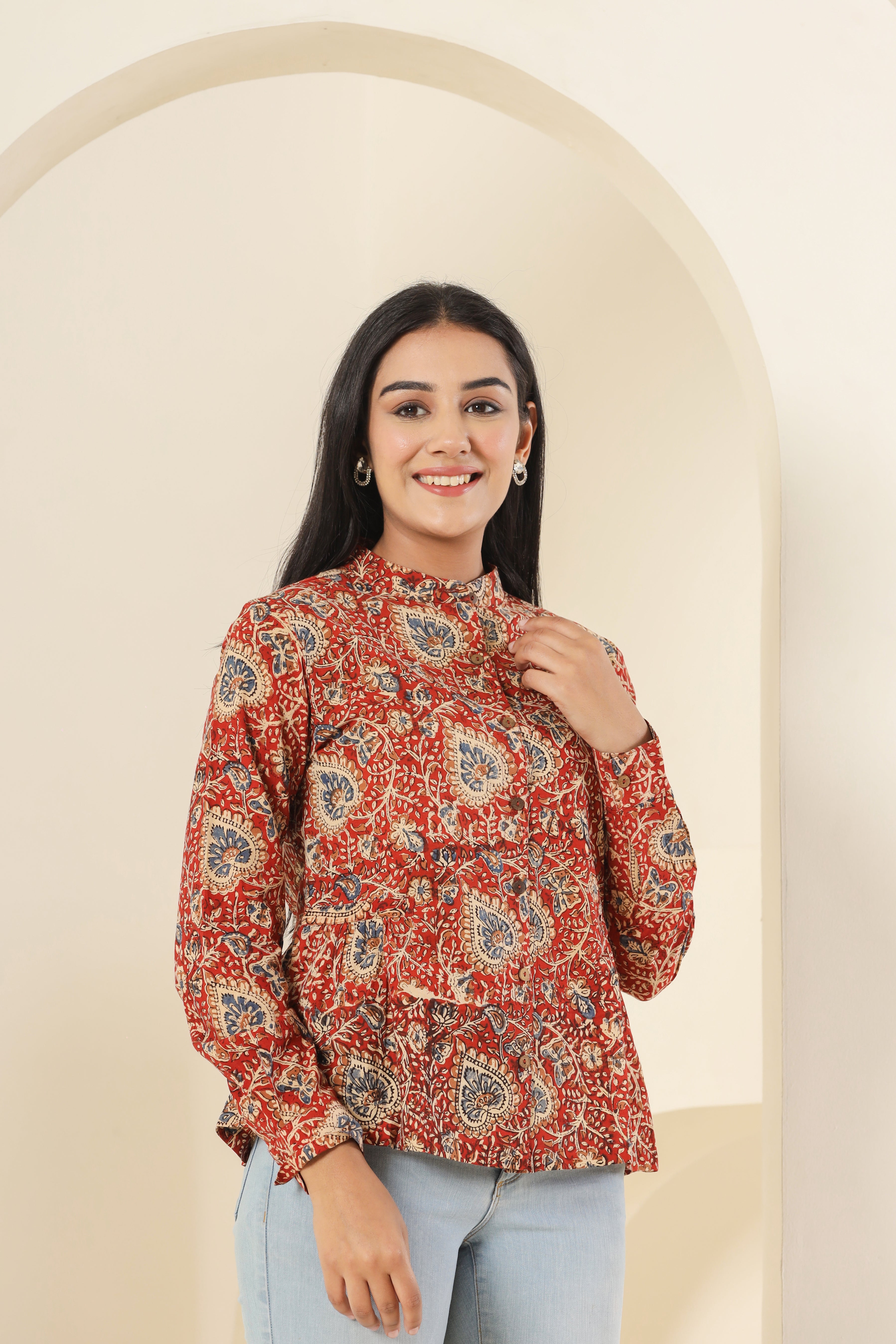 Red Kalamkari Womens Hand Block Printed Shirt Tops