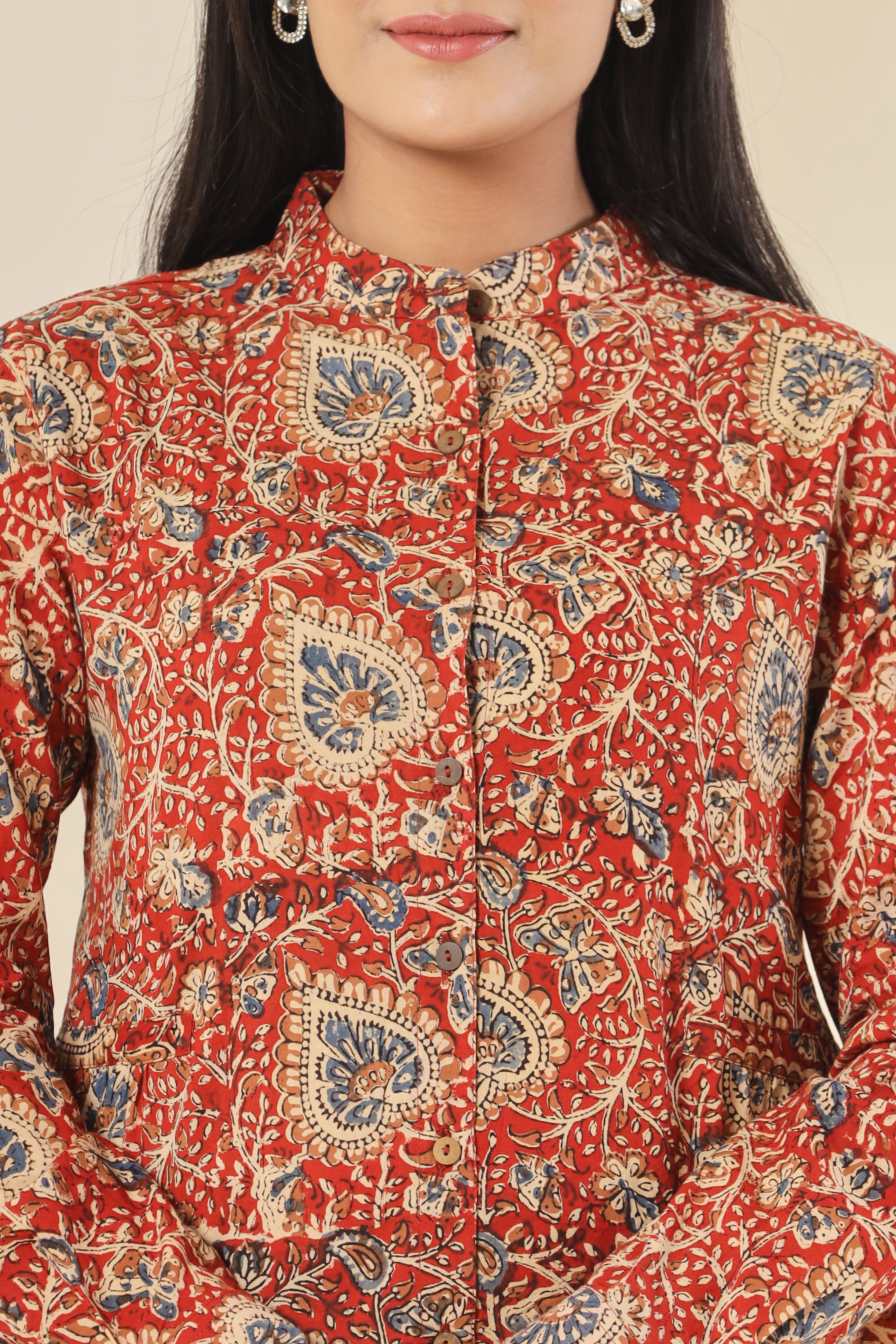 Red Kalamkari Womens Hand Block Printed Shirt Tops