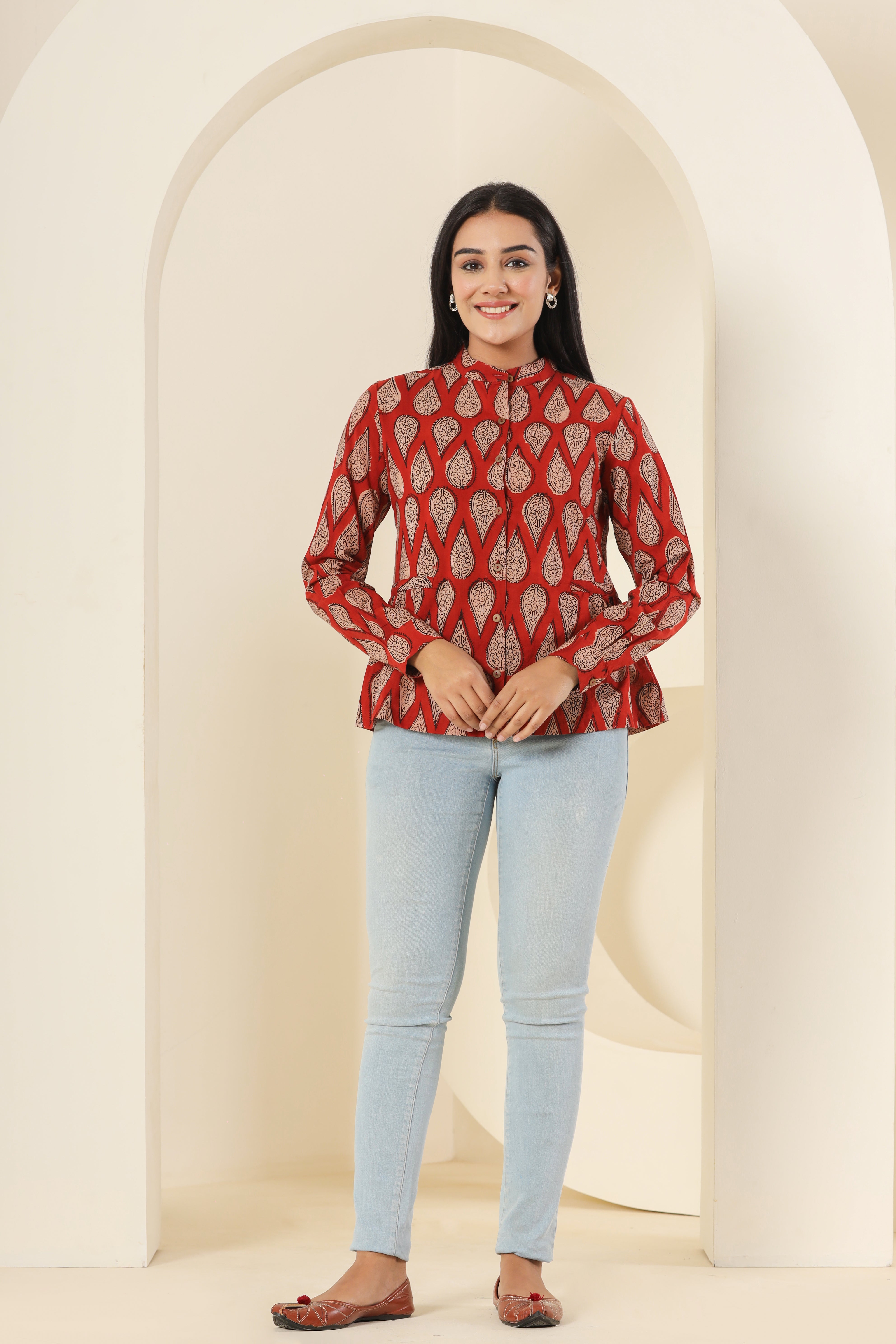 Red Kairi Womens Hand Block Printed Shirt Tops