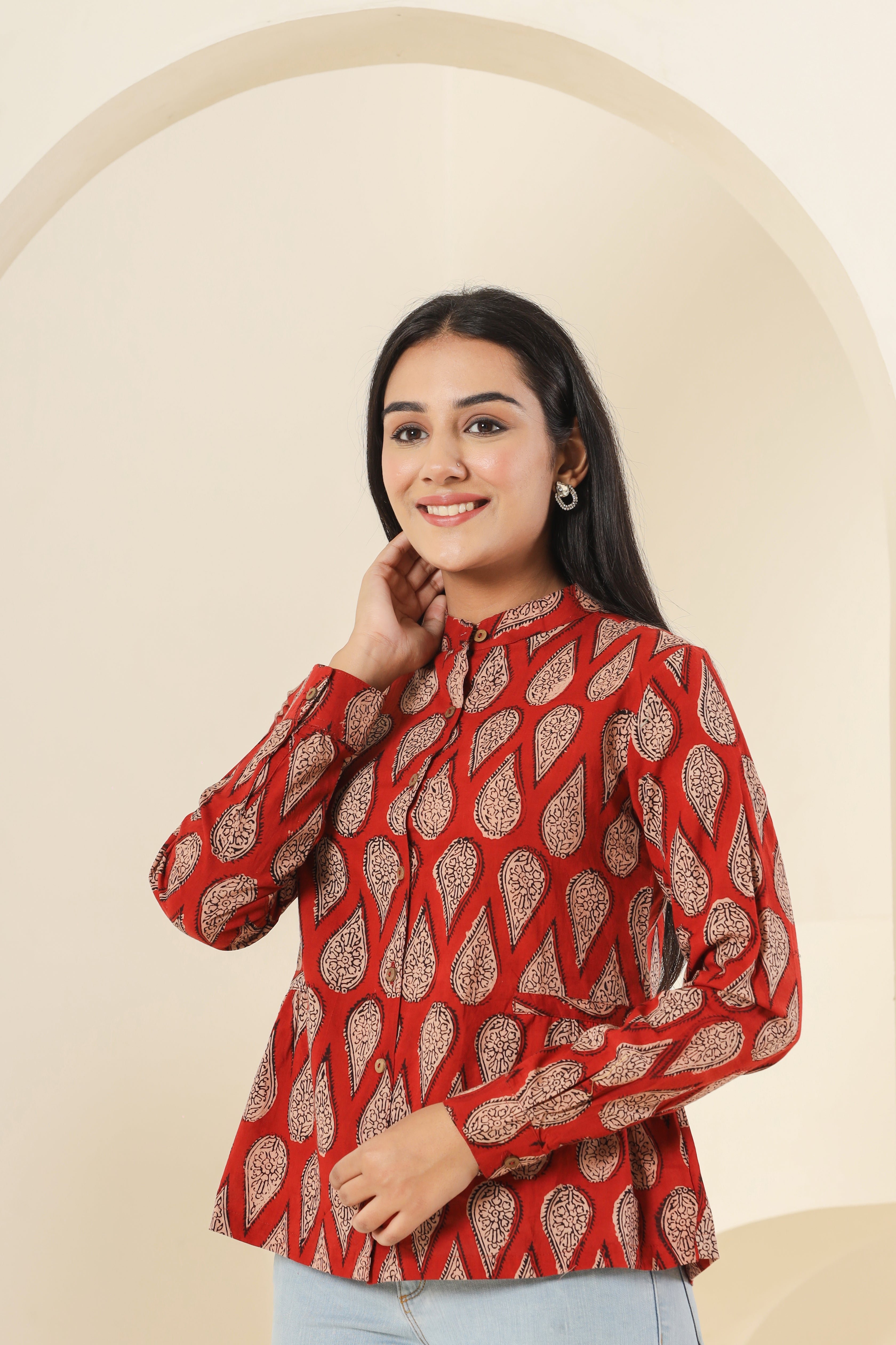 Red Kairi Womens Hand Block Printed Shirt Tops