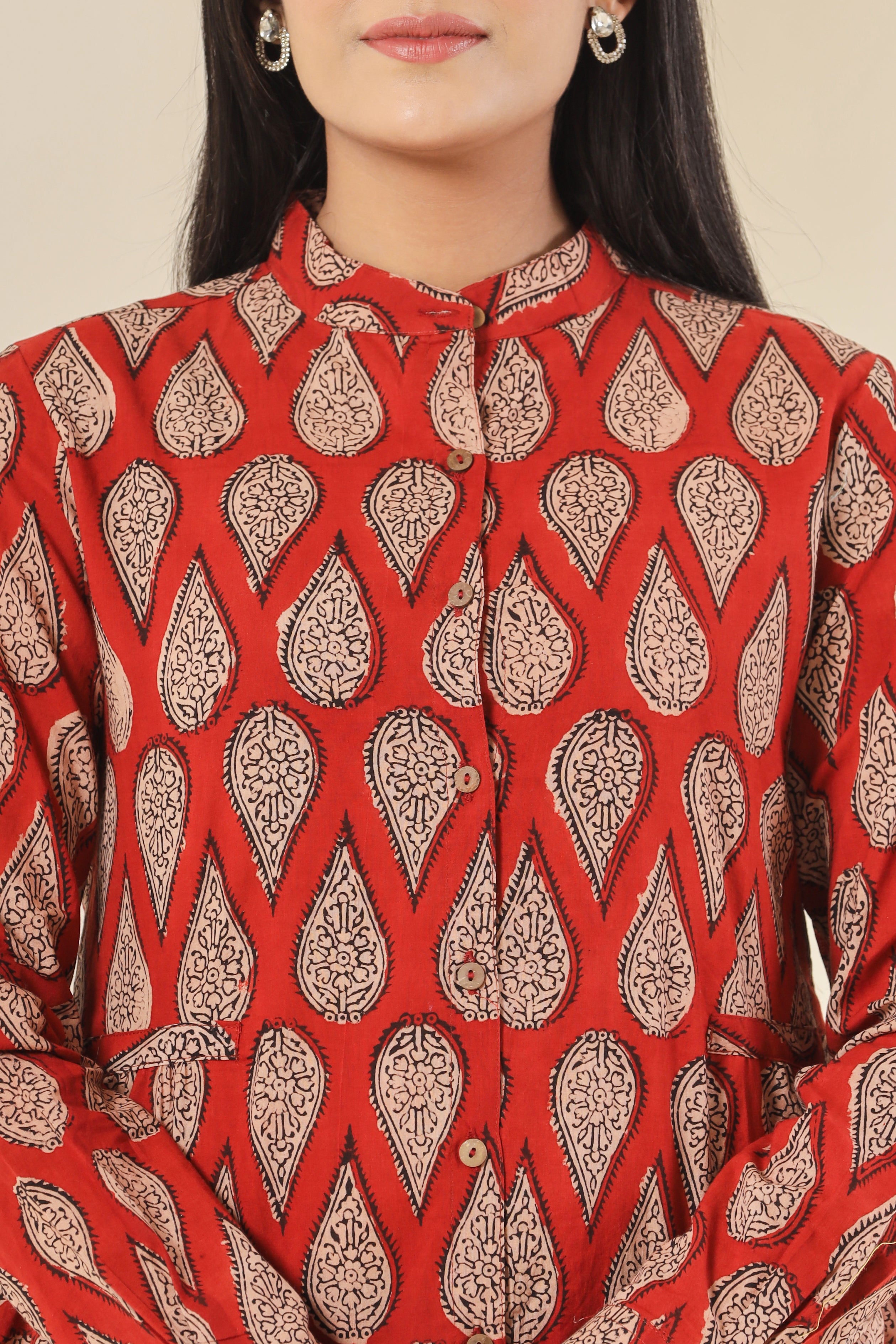 Red Kairi Womens Hand Block Printed Shirt Tops