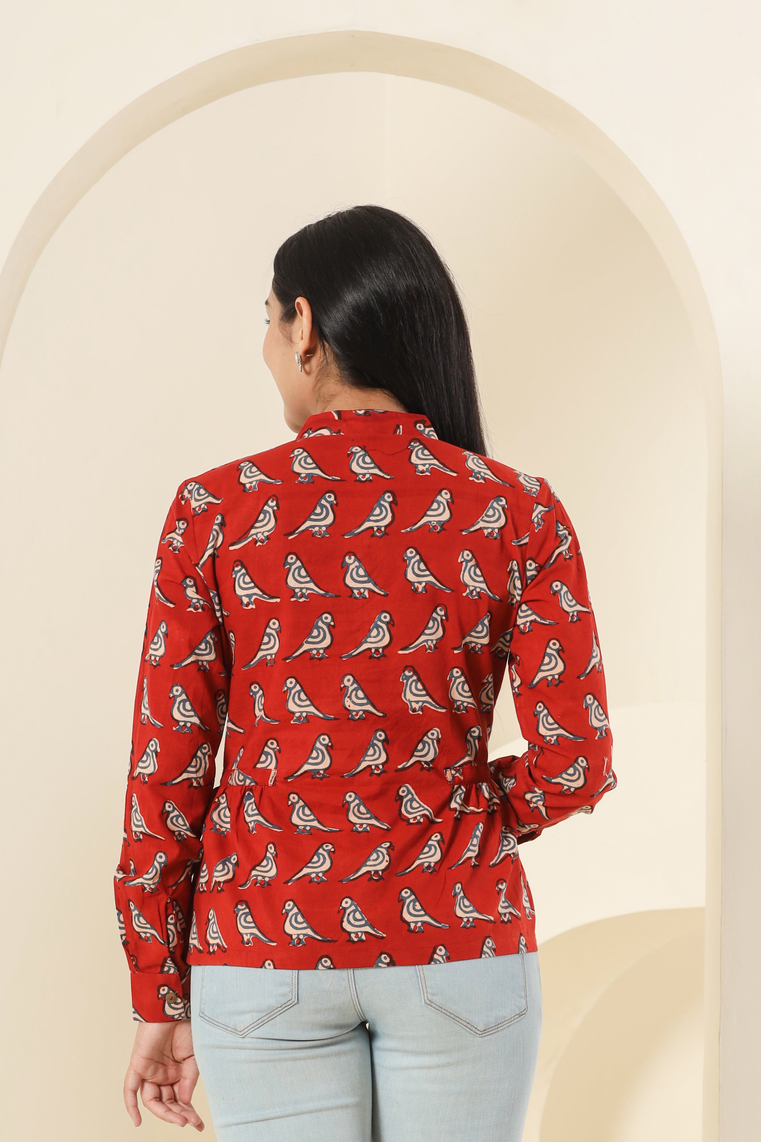 Red Tota Parrot Womens Hand Block Printed Shirt Tops