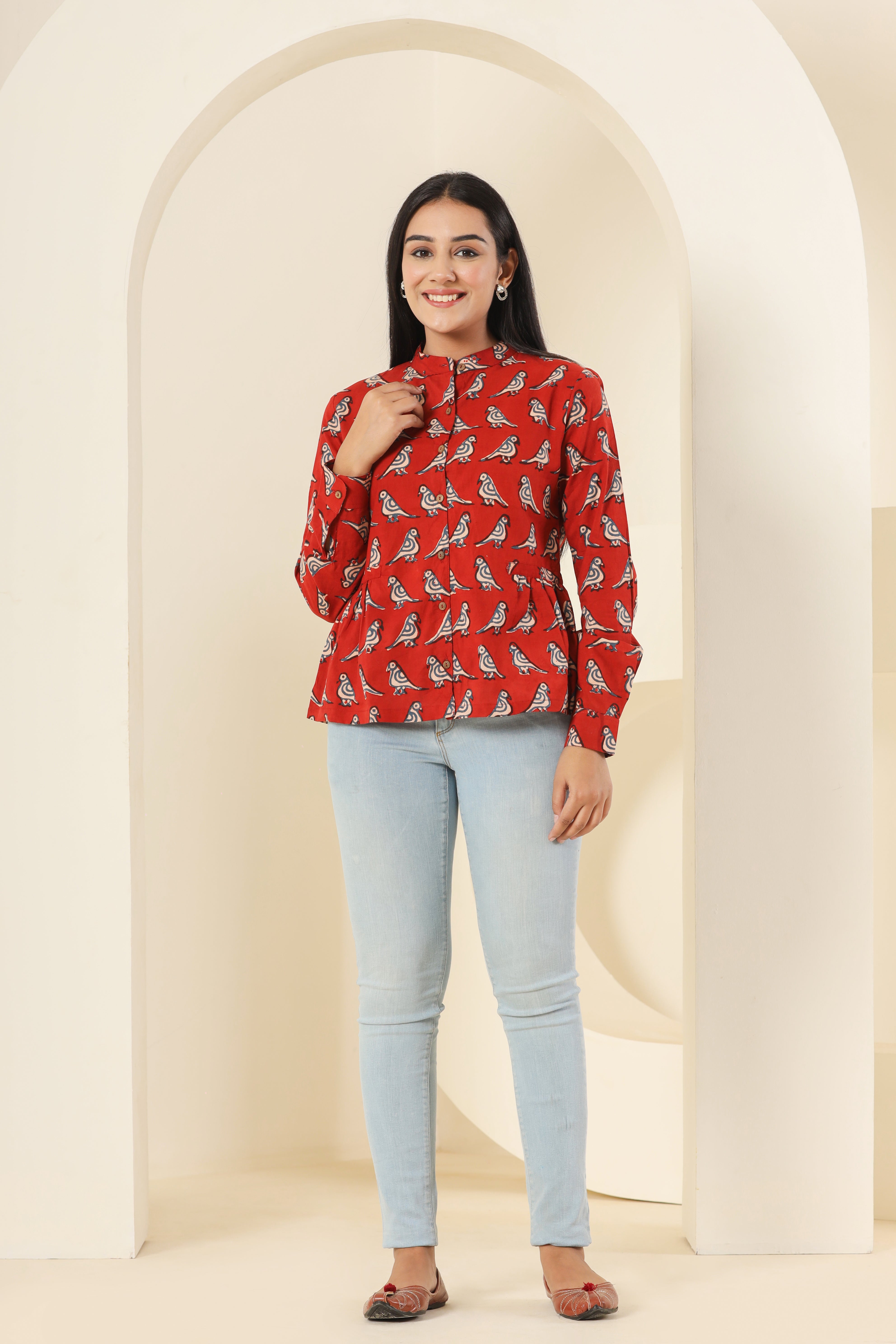 Red Tota Parrot Womens Hand Block Printed Shirt Tops