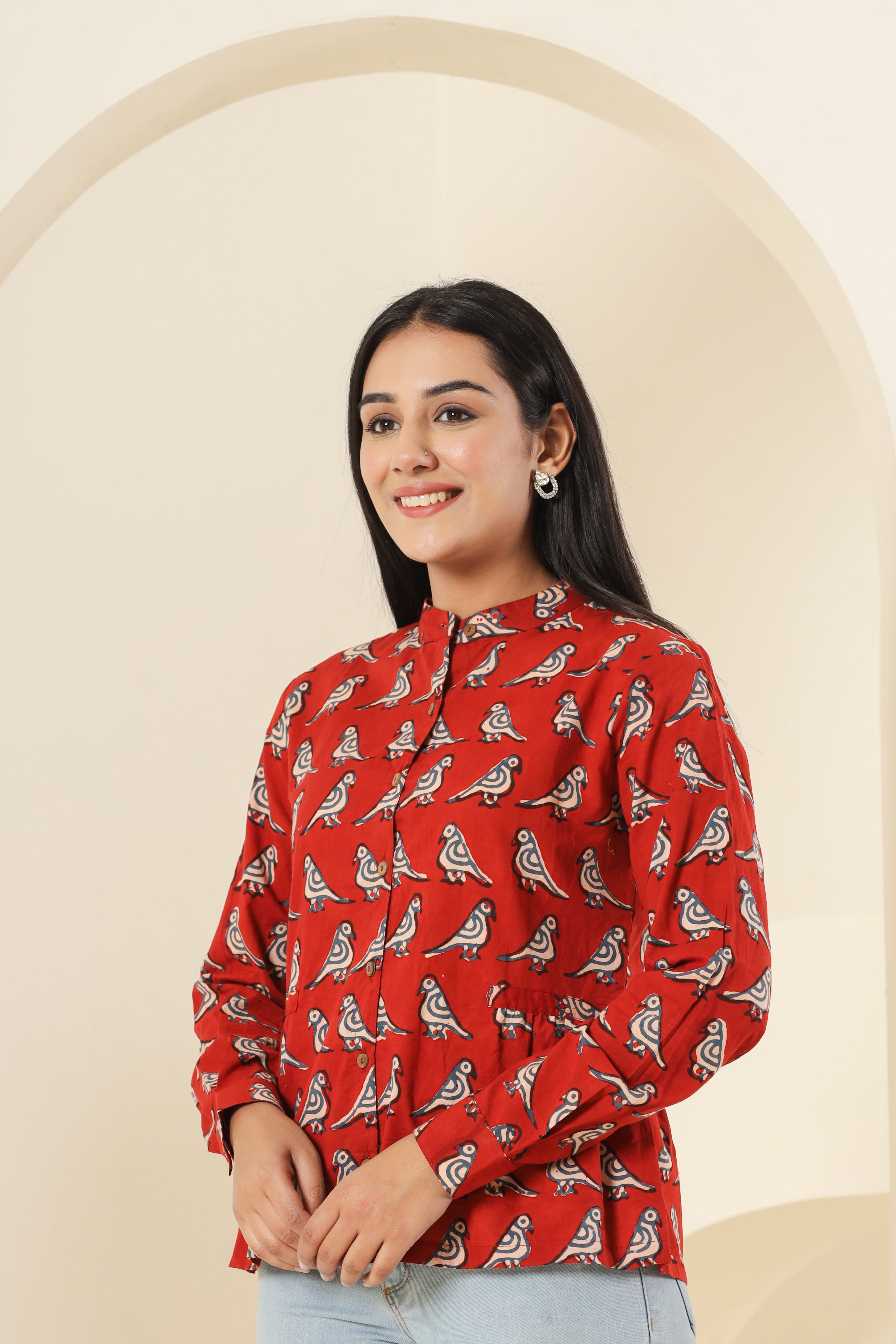 Red Tota Parrot Womens Hand Block Printed Shirt Tops