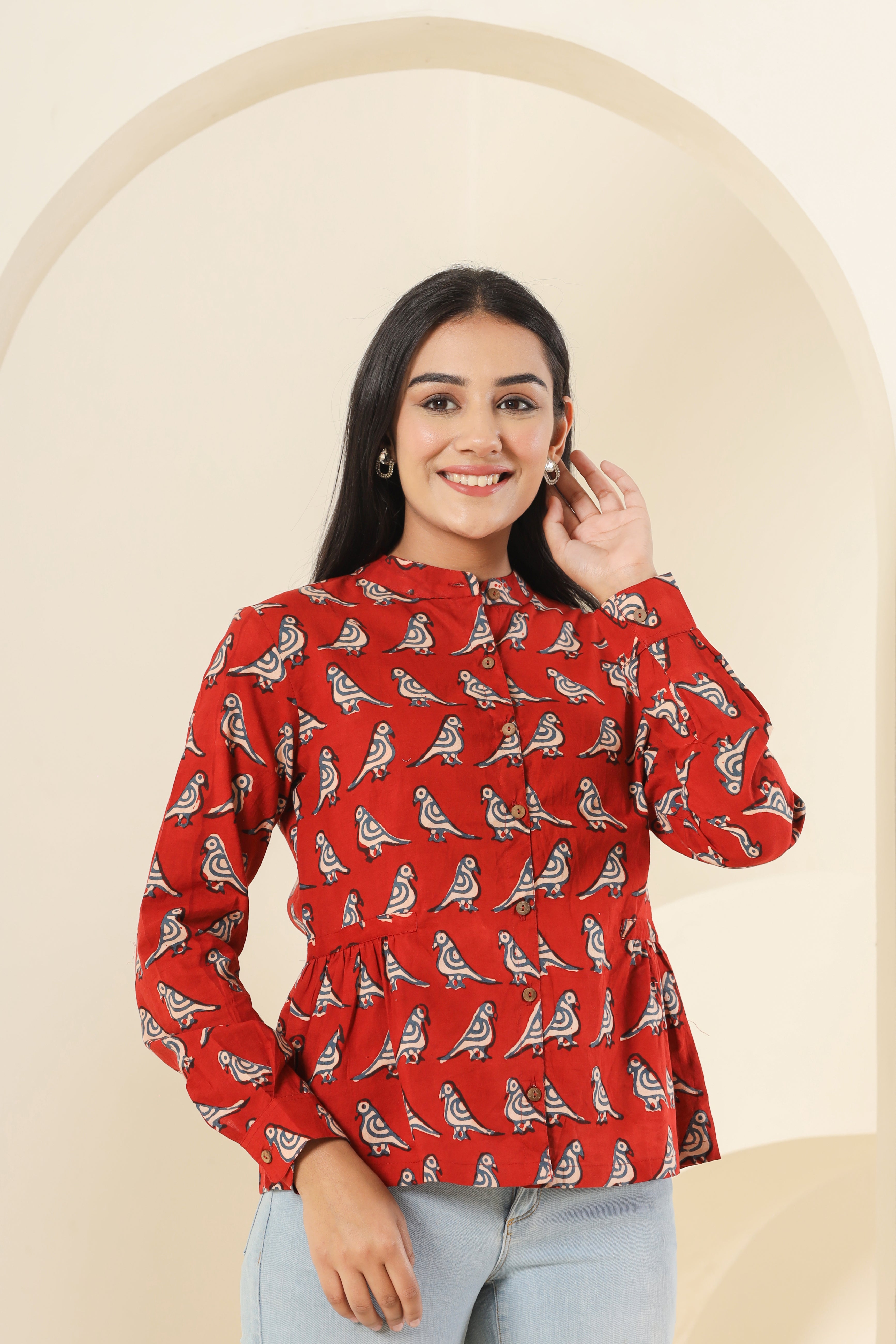 Red Tota Parrot Womens Hand Block Printed Shirt Tops