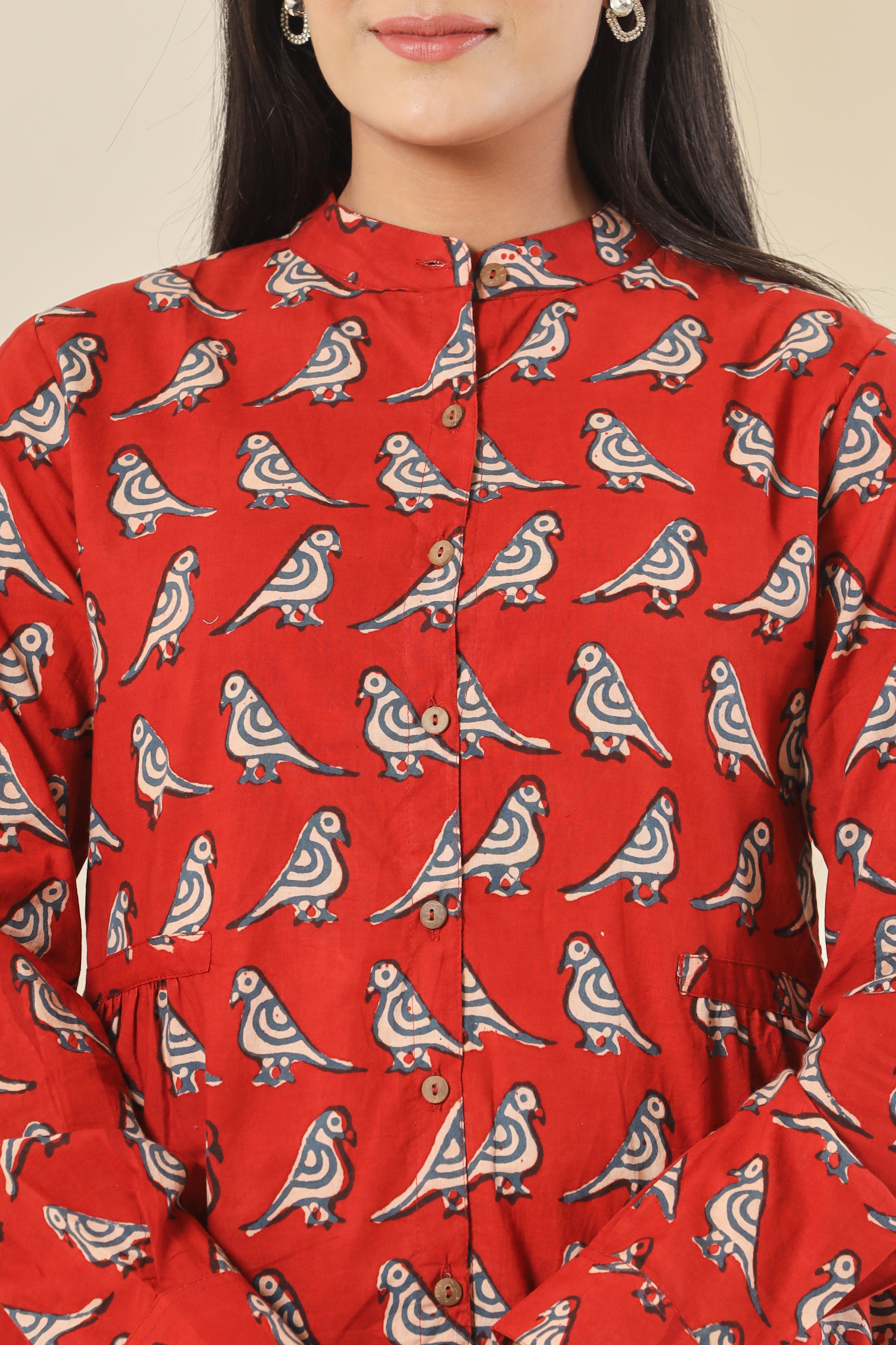 Red Tota Parrot Womens Hand Block Printed Shirt Tops