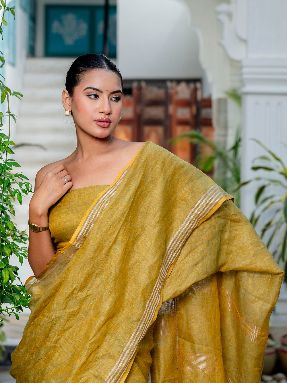 Golden Yellow Cross Dyed Pure Linen Saree with Blouse
