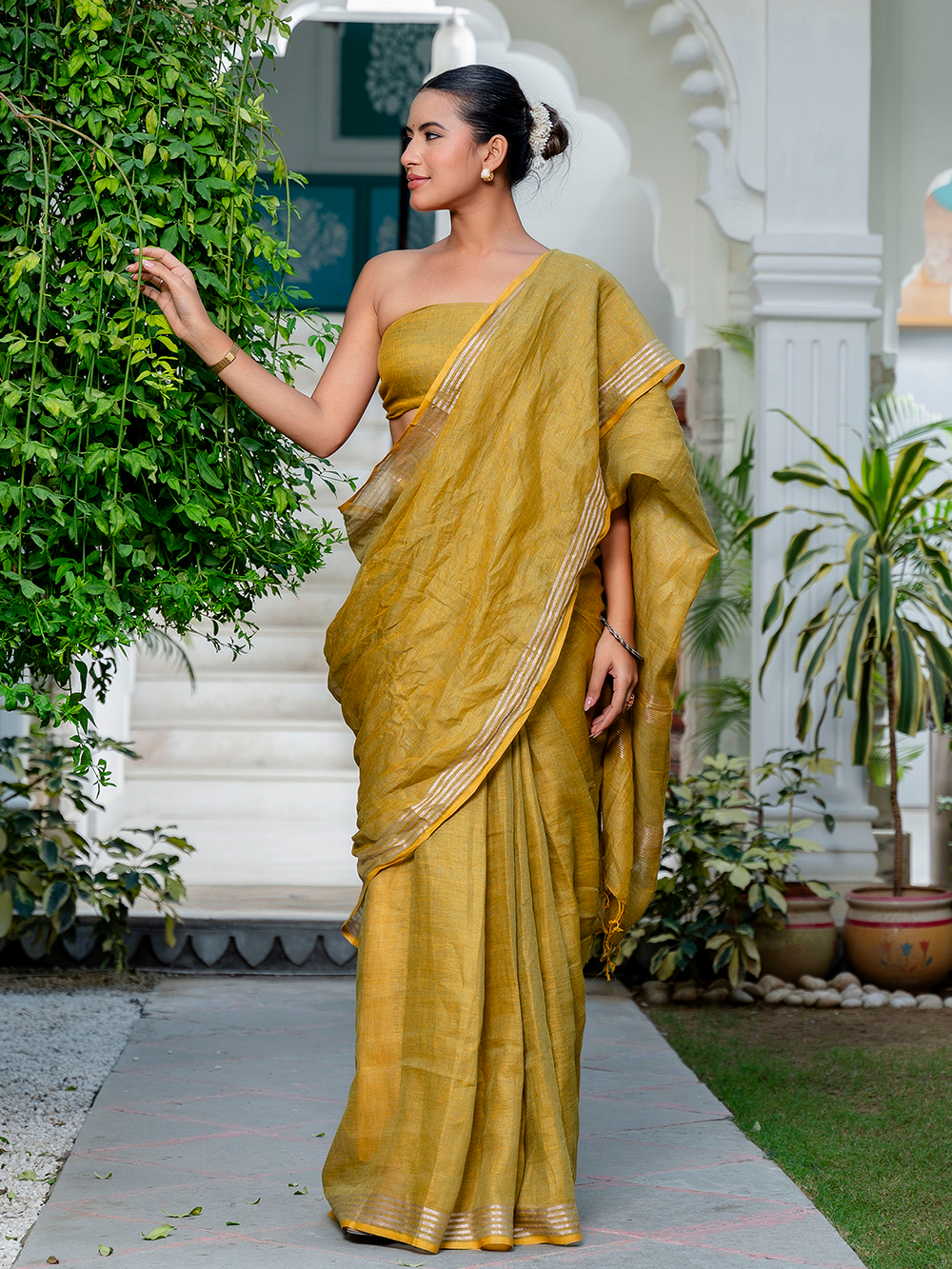 Golden Yellow Cross Dyed Pure Linen Saree with Blouse