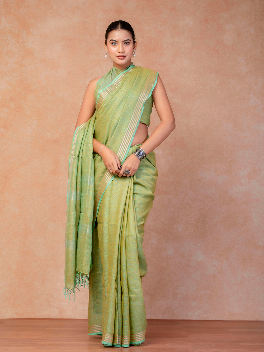 Mint Green Cross Dyed Pure Linen Saree with Blouse