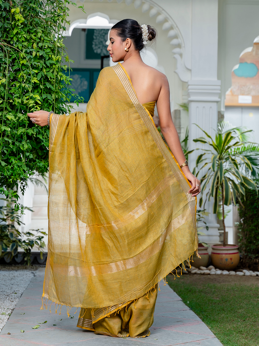 Golden Yellow Cross Dyed Pure Linen Saree with Blouse