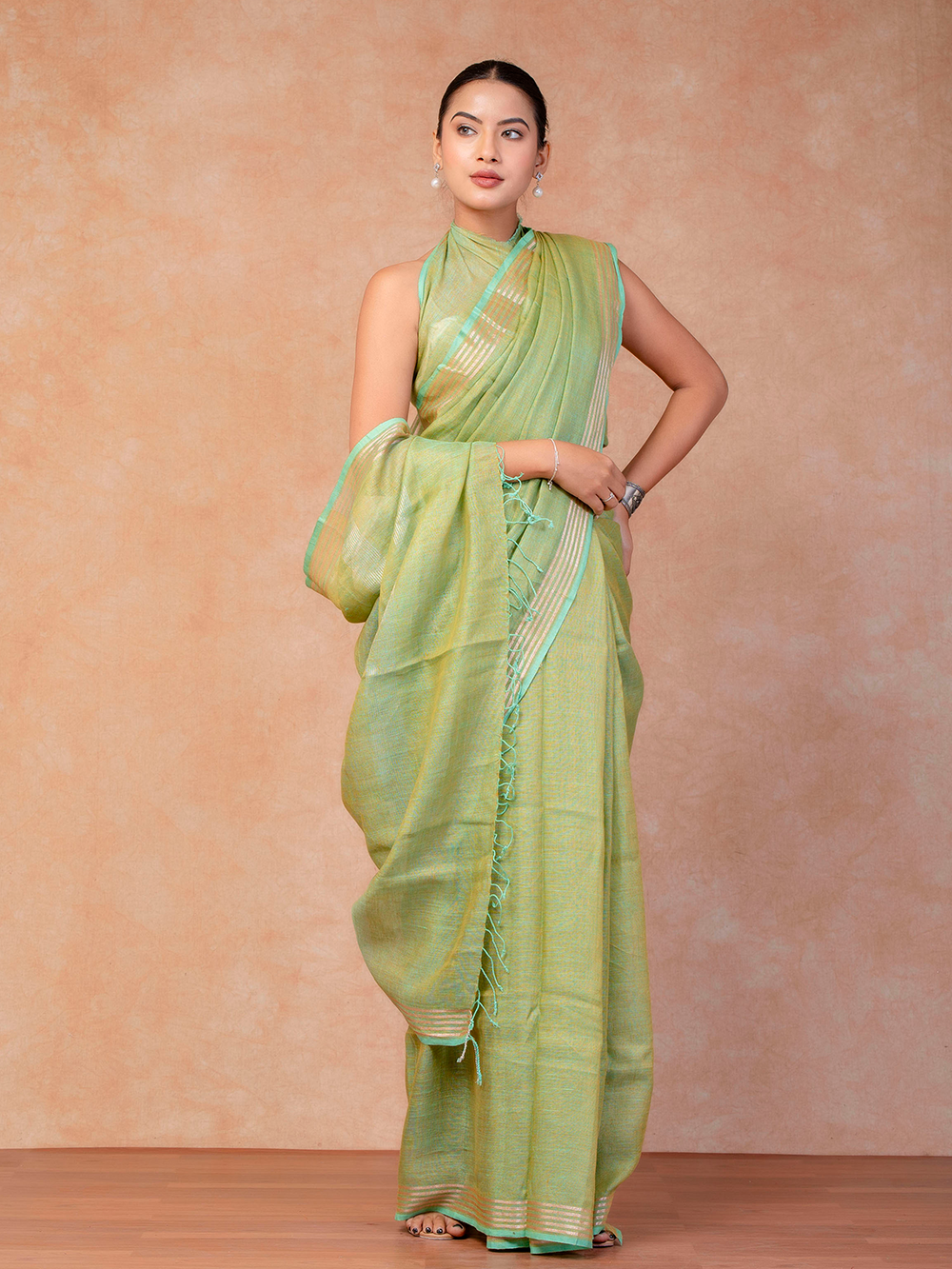 Mint Green Cross Dyed Pure Linen Saree with Blouse