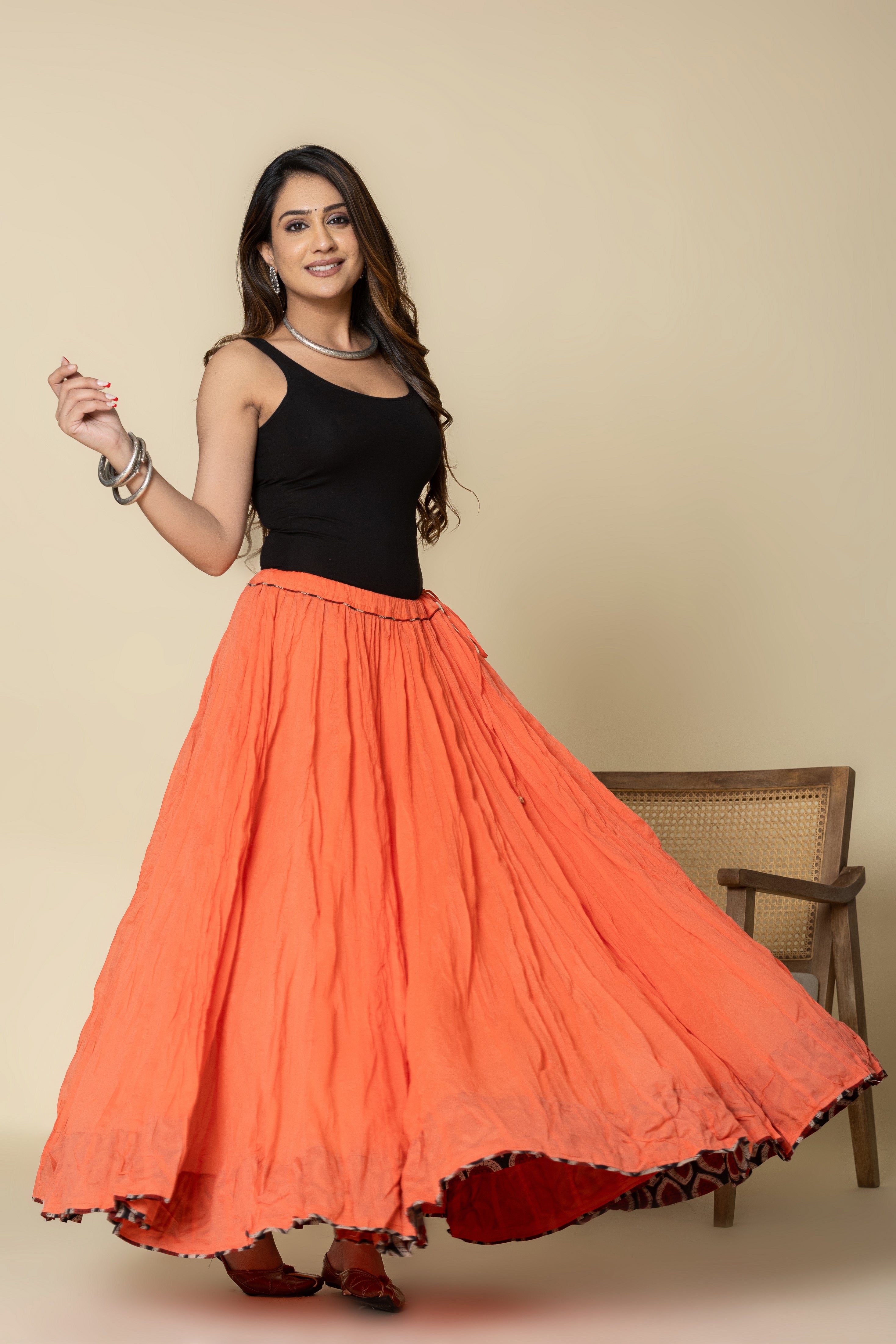 Peach Plain Dyed Crinkled Cotton Mul mul 100 Kali Kalidaar Skirt