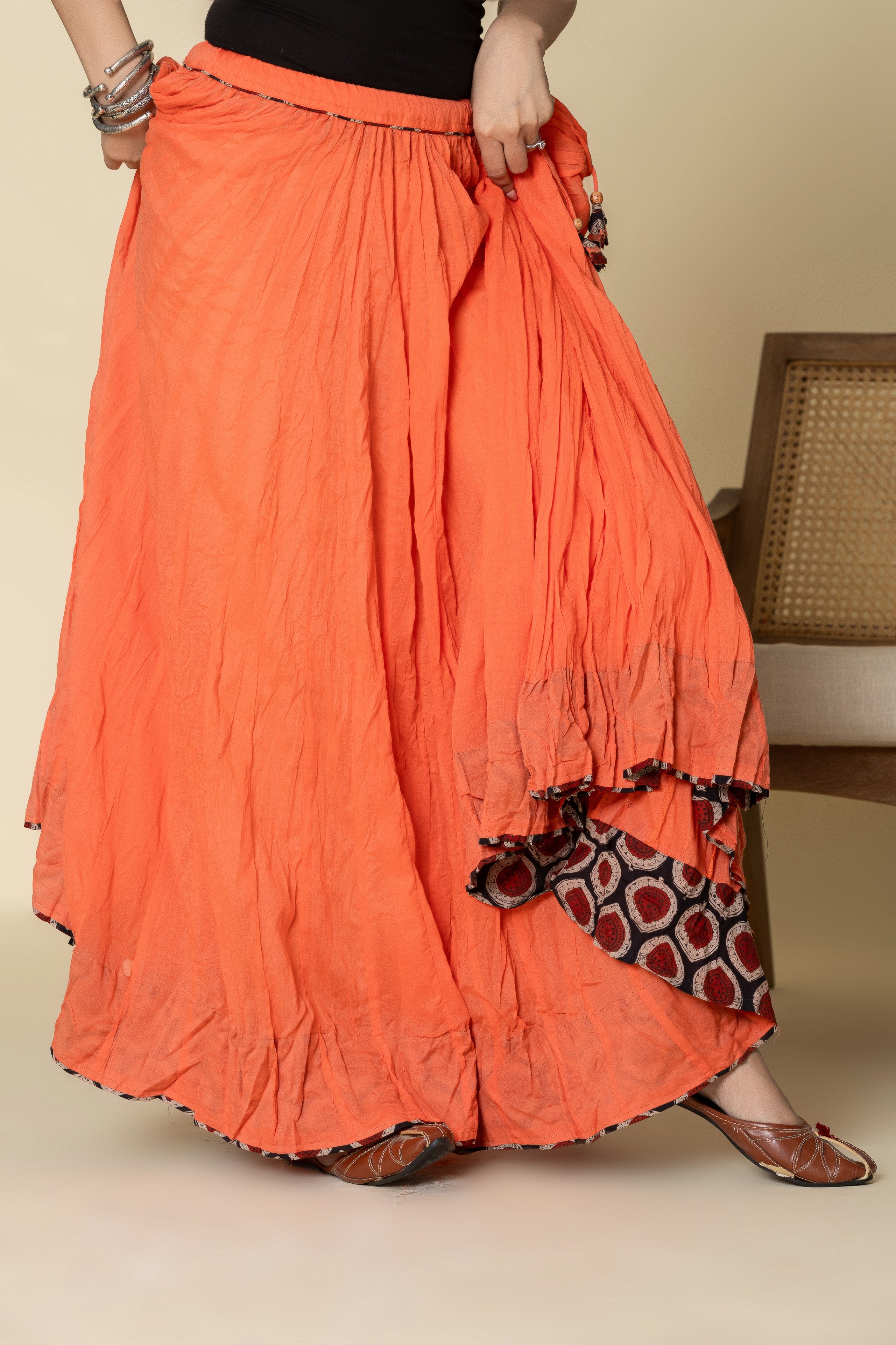 Peach Plain Dyed Crinkled Cotton Mul mul 100 Kali Kalidaar Skirt