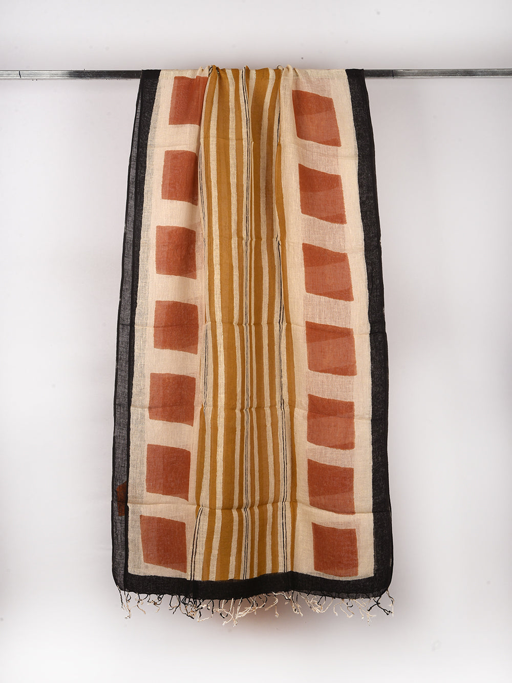Bagru Square Stripes Hand Printed Pure Linen Dupatta