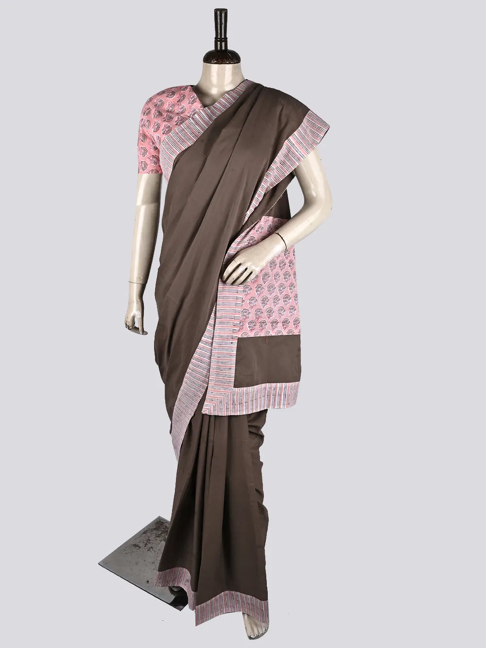 Plain Grey with Sanganeri Pink Patch Mul Mul Cotton Saree with Printed Blouse Piece