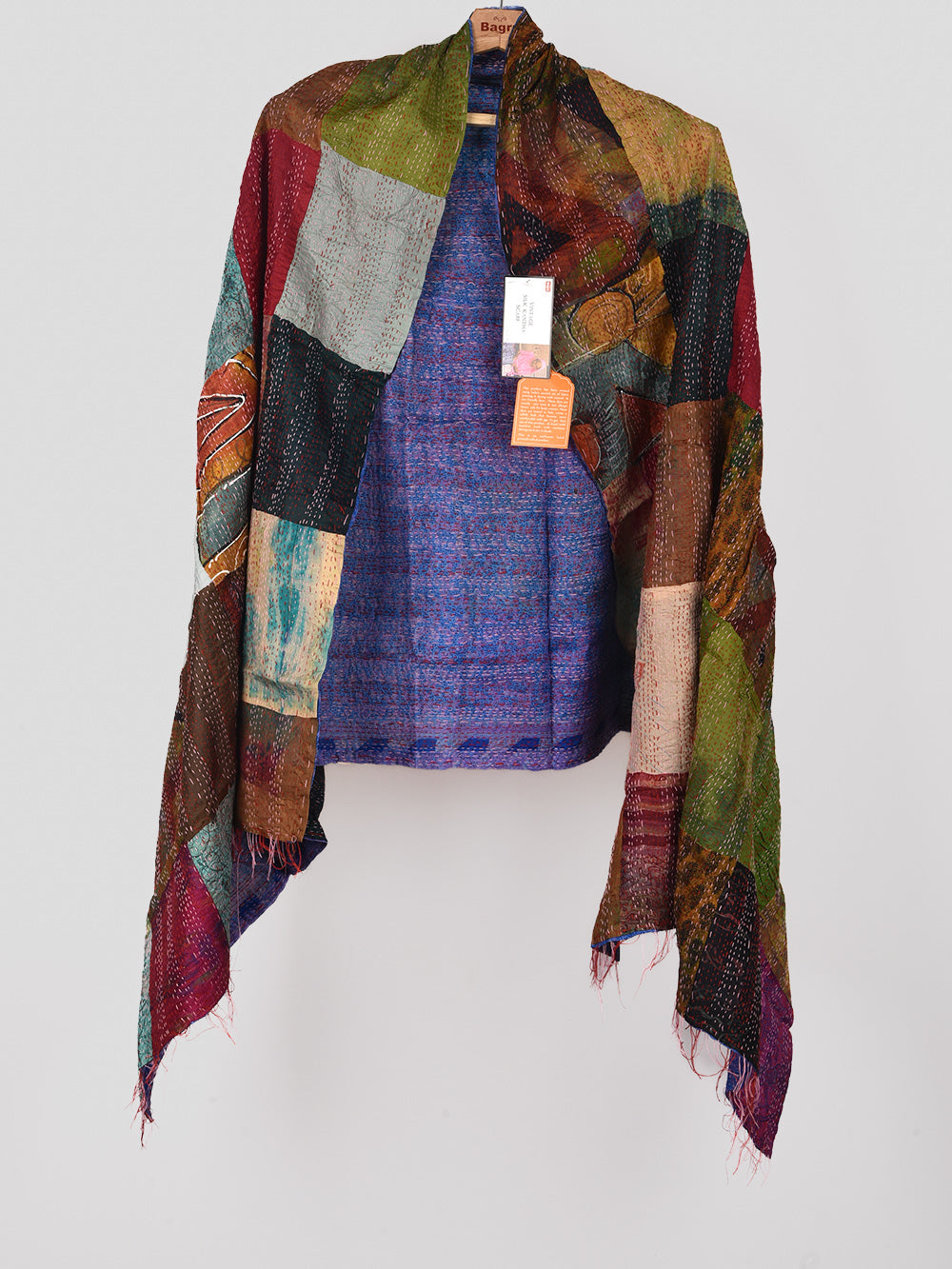 Peacock Blue Pre-Loved Silk Sarees Kantha Patchwork Stole
