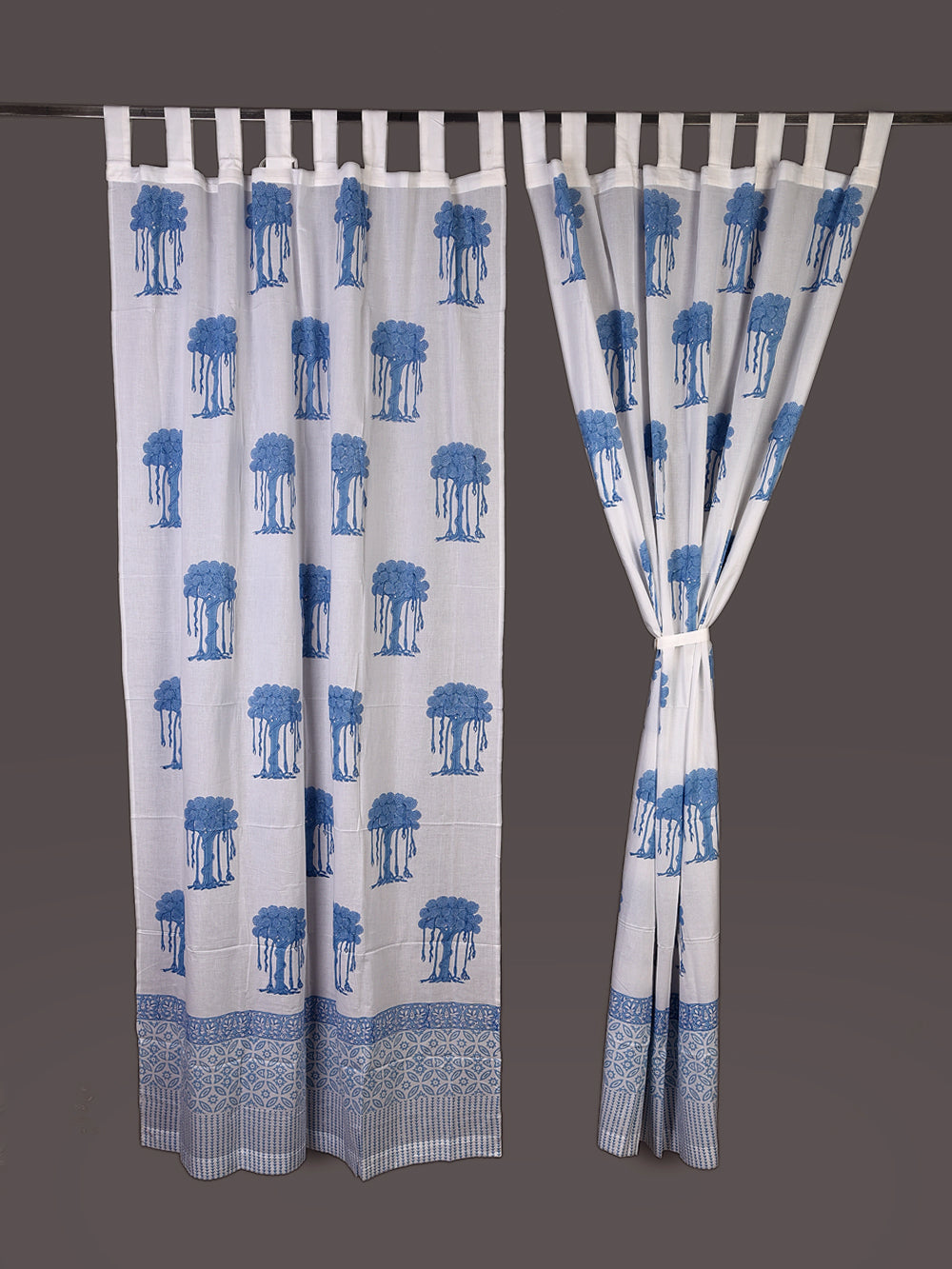 Hand Block Printed Blue Kalpvriksh Cotton Curtain Set