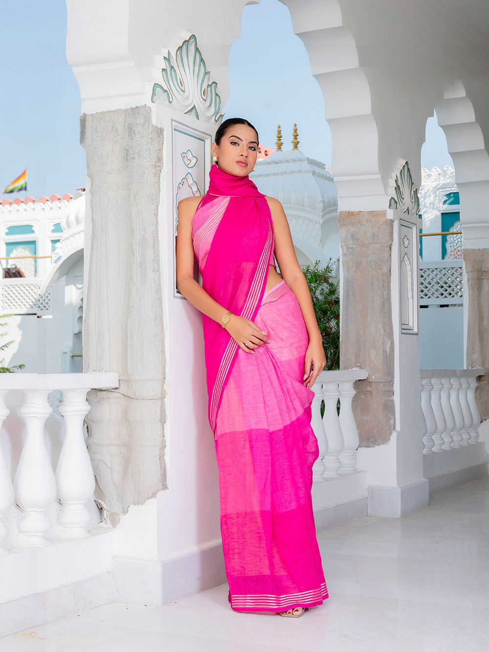 Hot Pink Cross Dyed Pure Linen Saree with Blouse