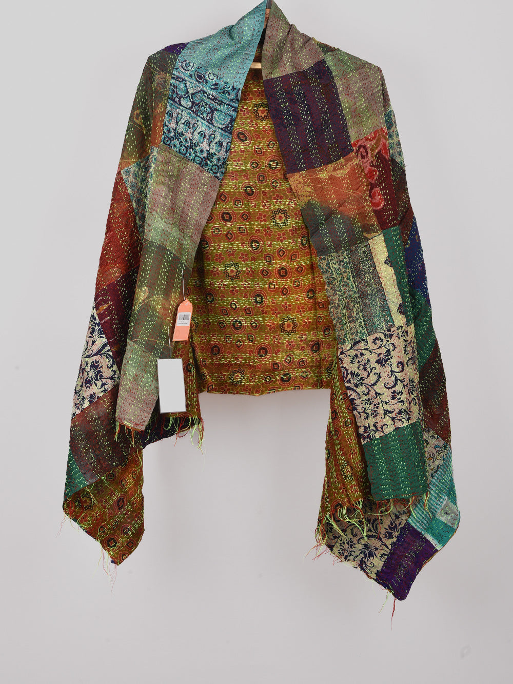 Yellow Bandhini Style Pre-Loved Silk Sarees Kantha Patchwork Stole
