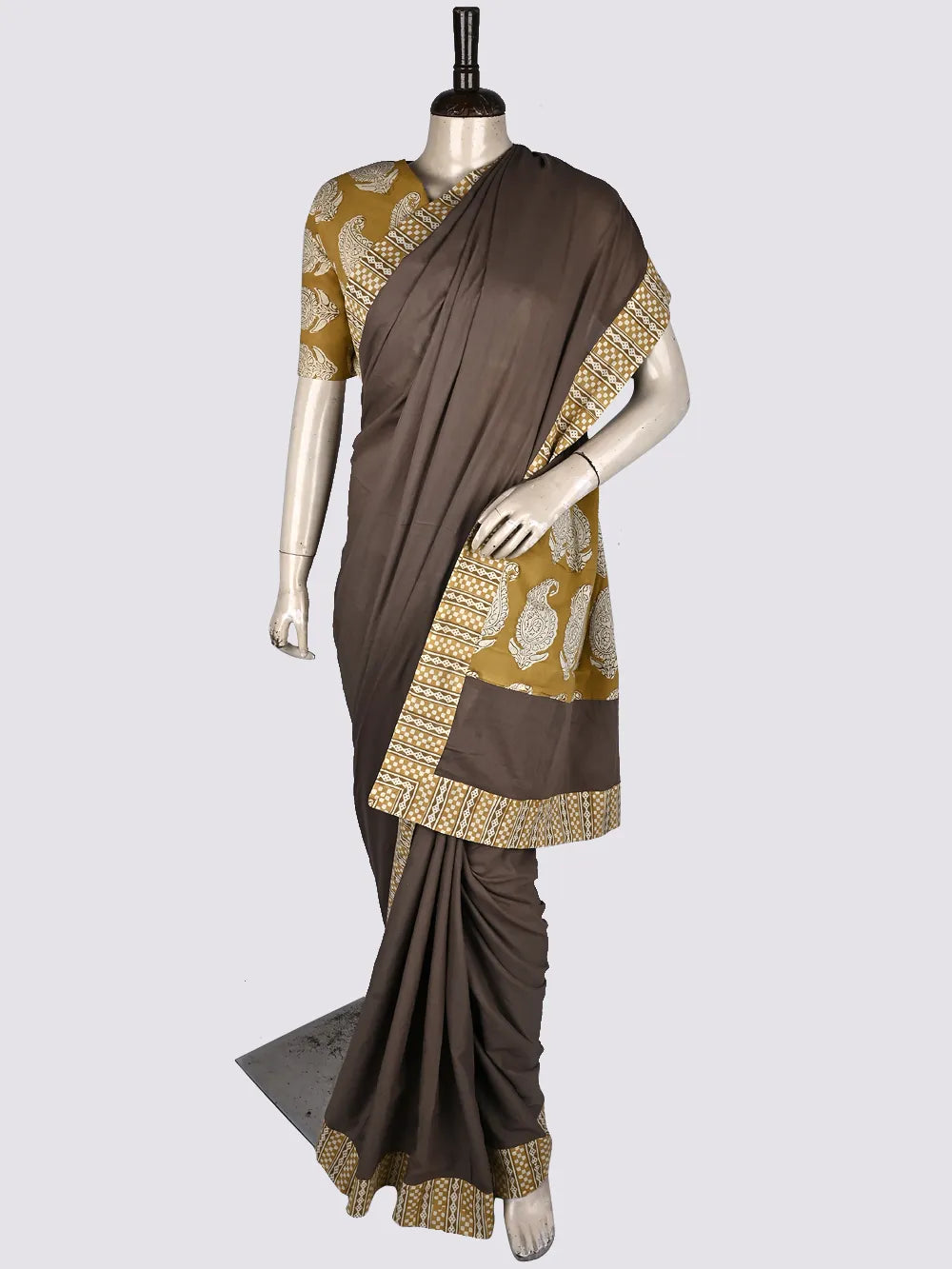 Plain Grey with Bagru Yellow Patch Mul Mul Cotton Saree with Printed Blouse Piece