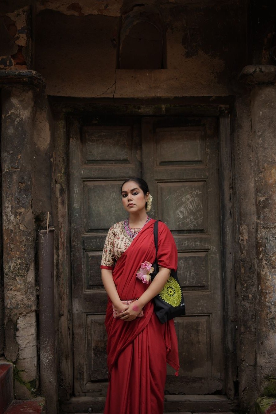 Bagru Red Dyed Mul Mul Cotton Saree with Tassels (without Blouse)