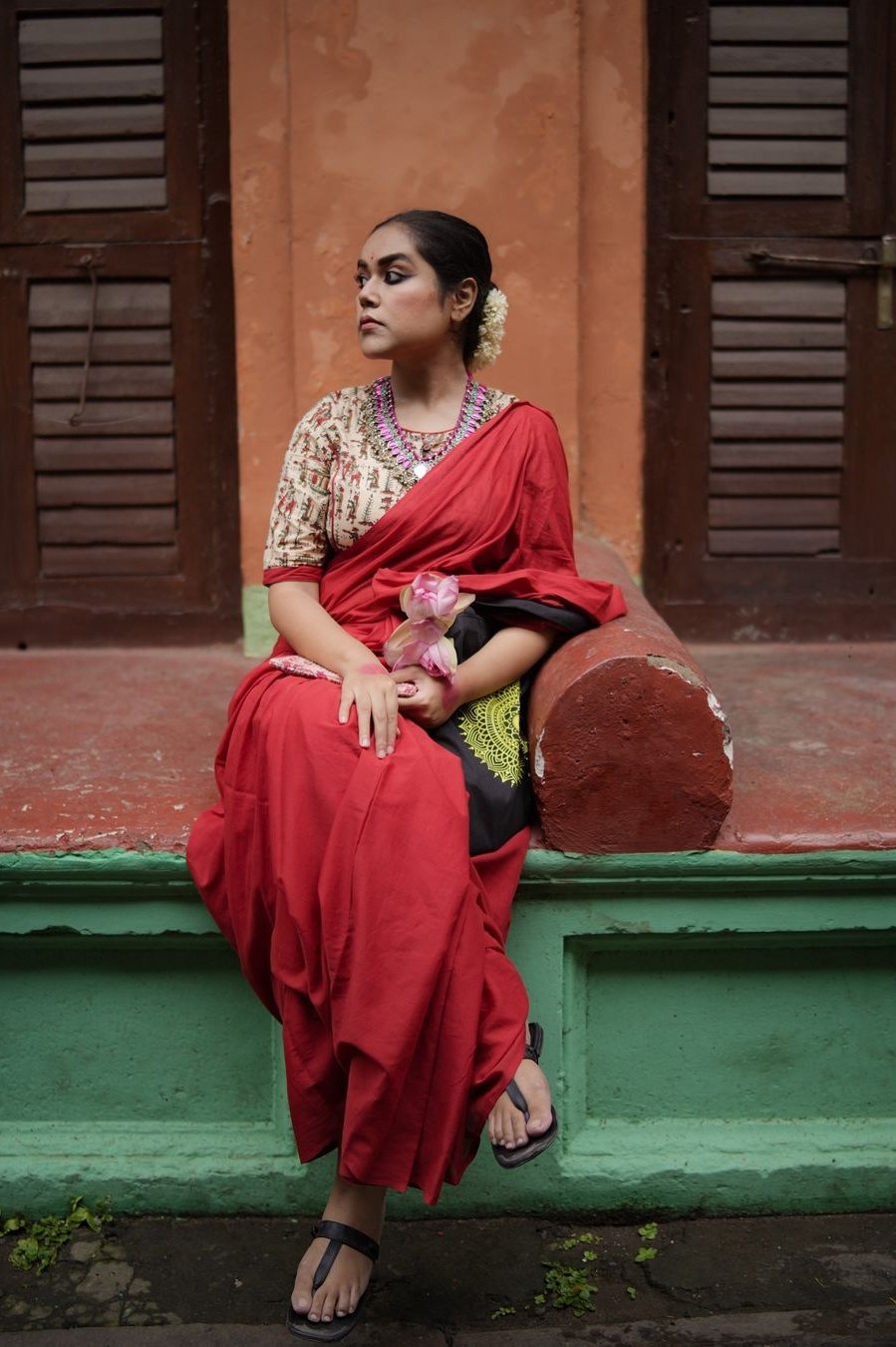 Bagru Red Dyed Mul Mul Cotton Saree with Tassels (without Blouse)