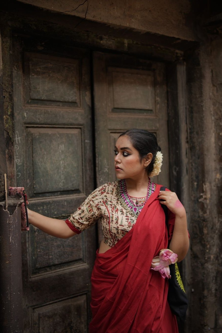 Bagru Red Dyed Mul Mul Cotton Saree with Tassels (without Blouse)