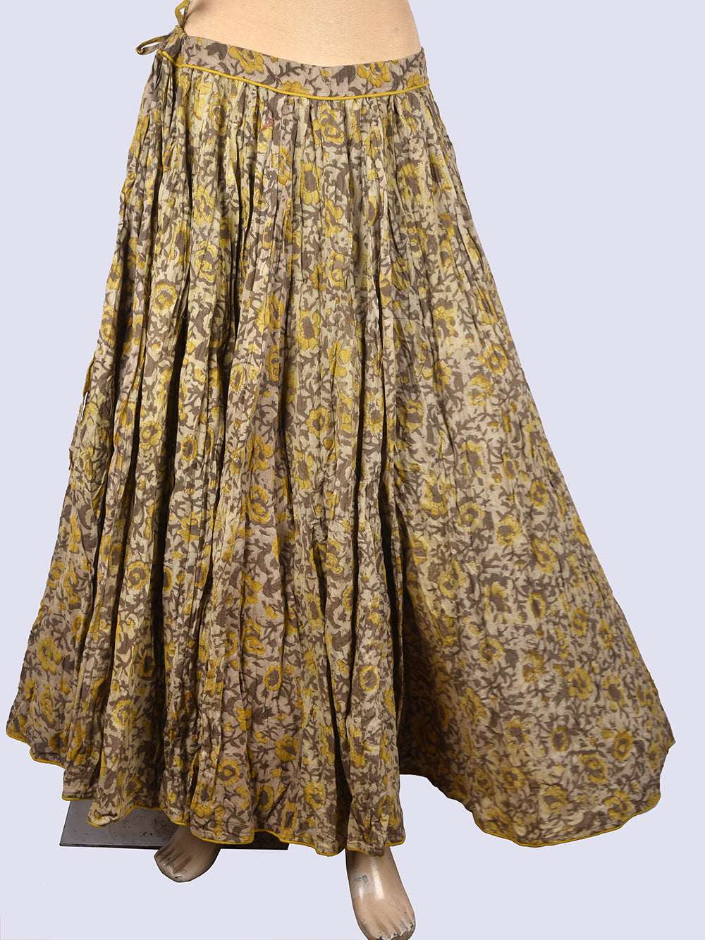 Ajrakh Yellow Hand Block Printed Crinkled Cotton Cambric 48 Kali Kalidaar Skirt