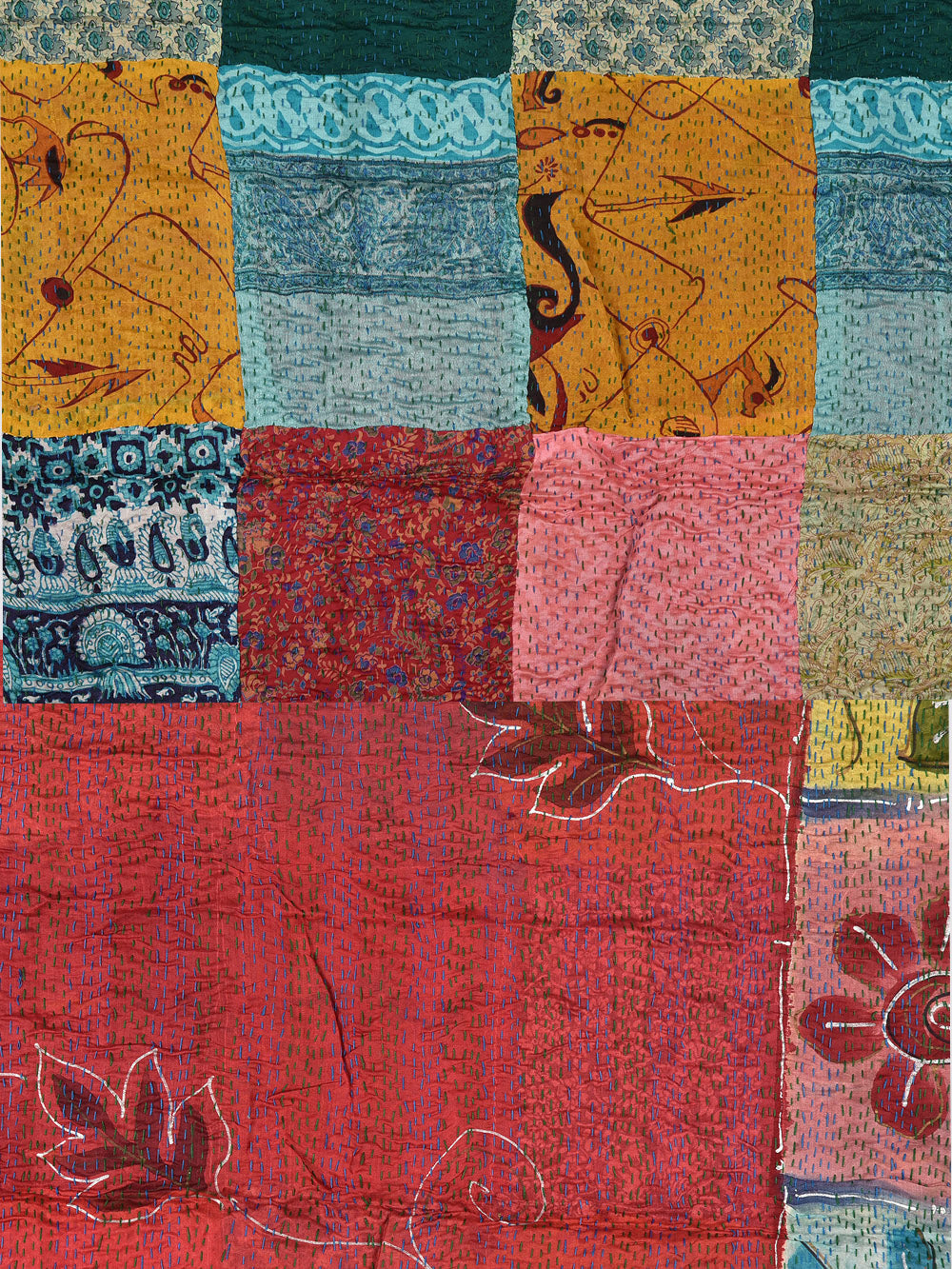Rust Leafy Pre-Loved Silk Sarees Kantha Patchwork Stole