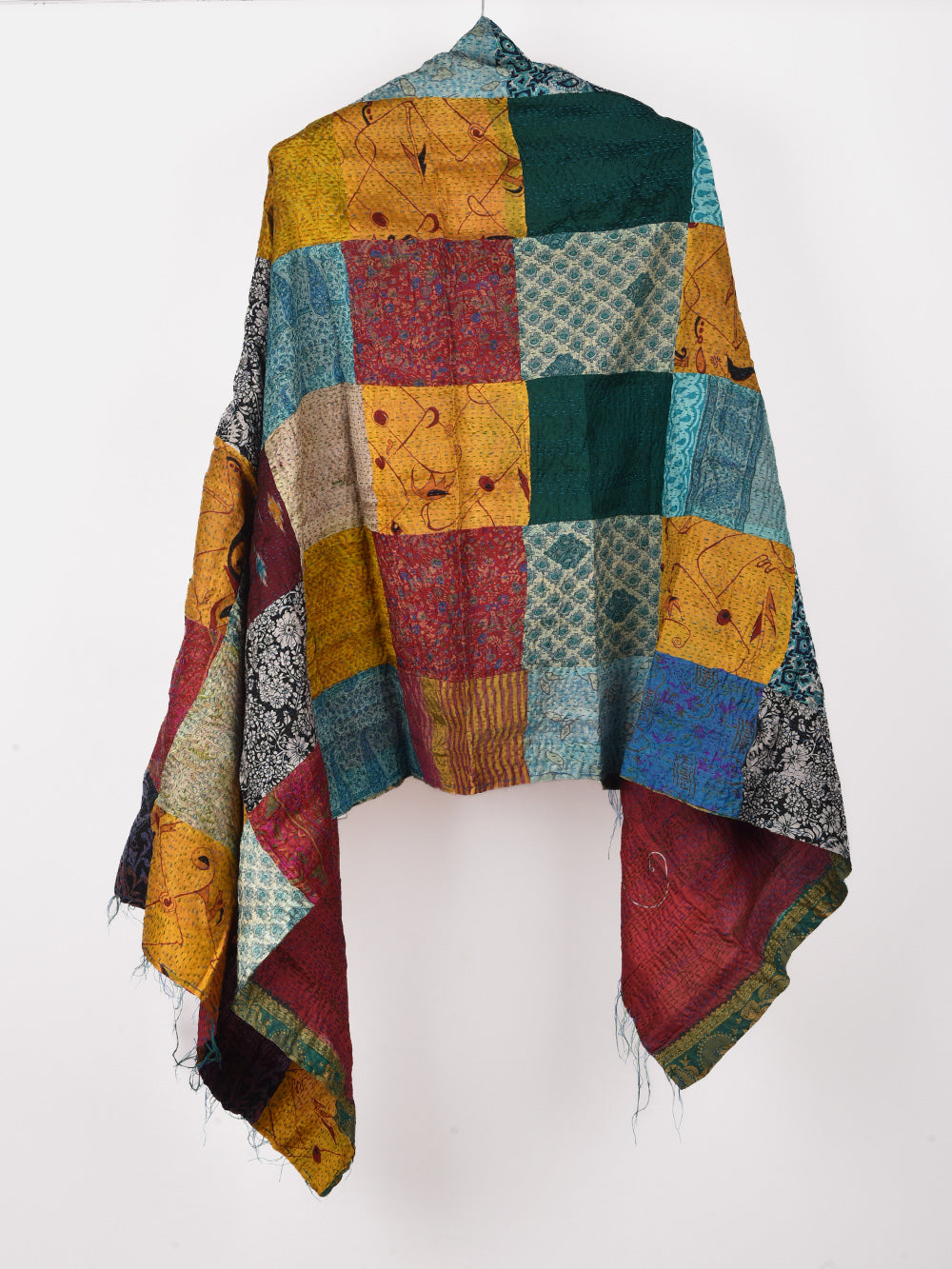 Rust Leafy Pre-Loved Silk Sarees Kantha Patchwork Stole