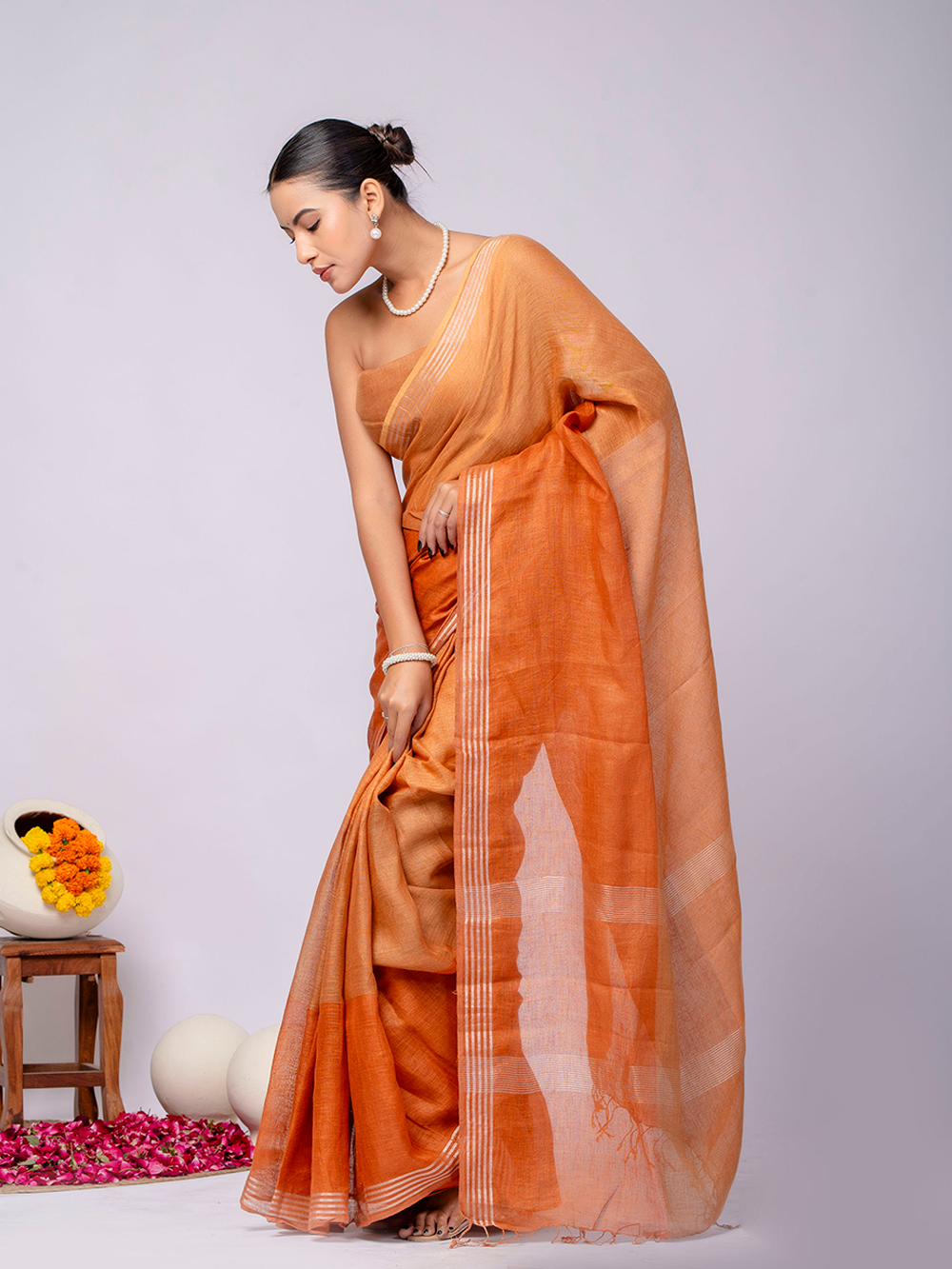 Rust Orange Cross Dyed Pure Linen Saree with Blouse