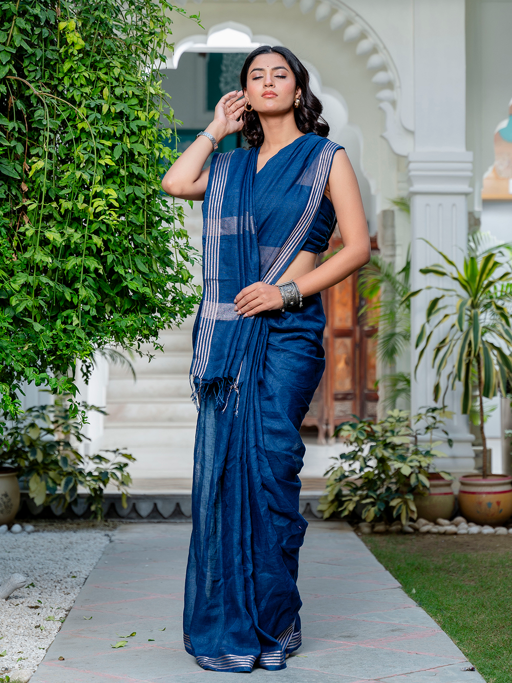 Midnight Blue Cross Dyed Pure Linen Saree with Blouse