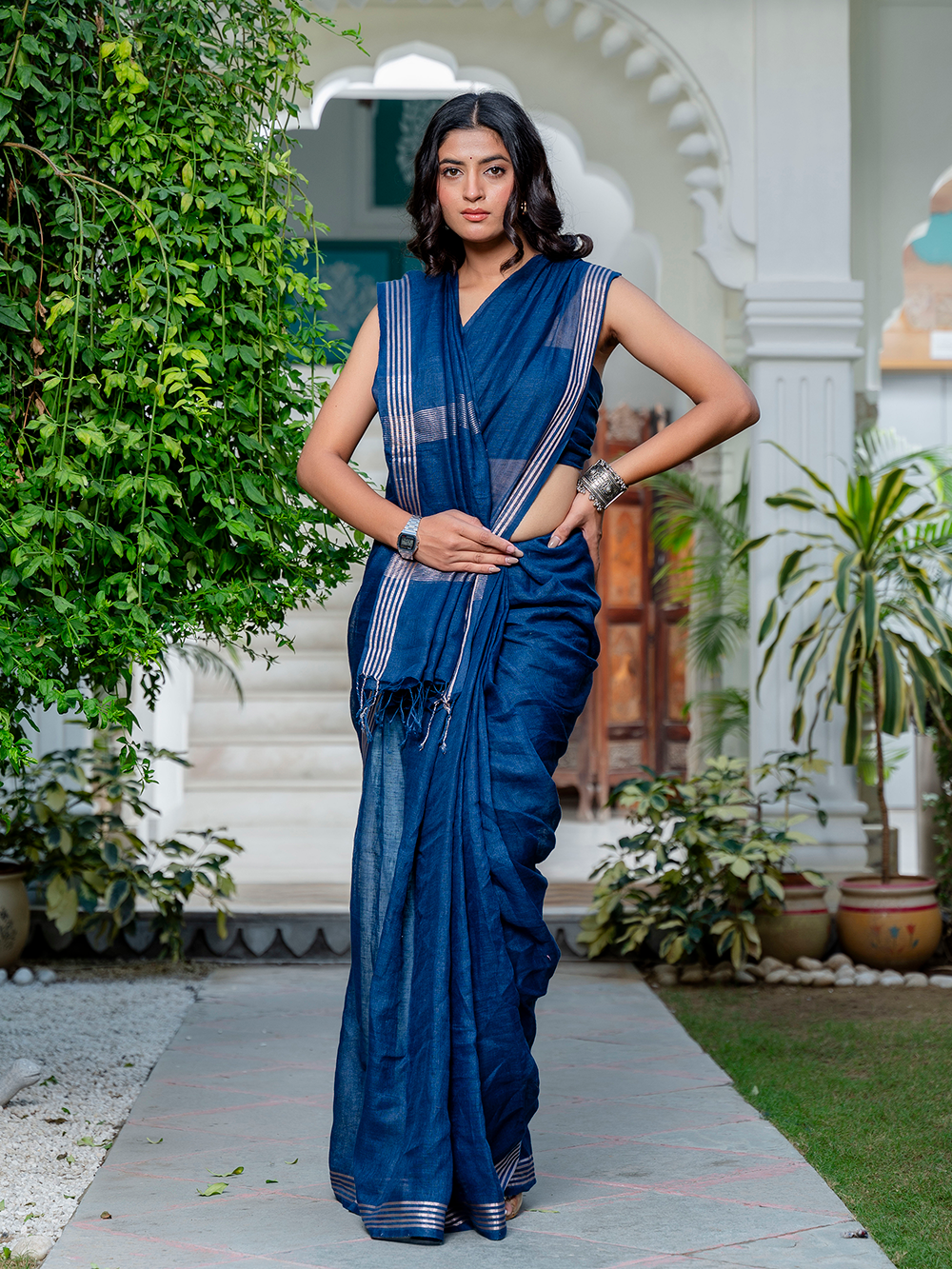 Midnight Blue Cross Dyed Pure Linen Saree with Blouse