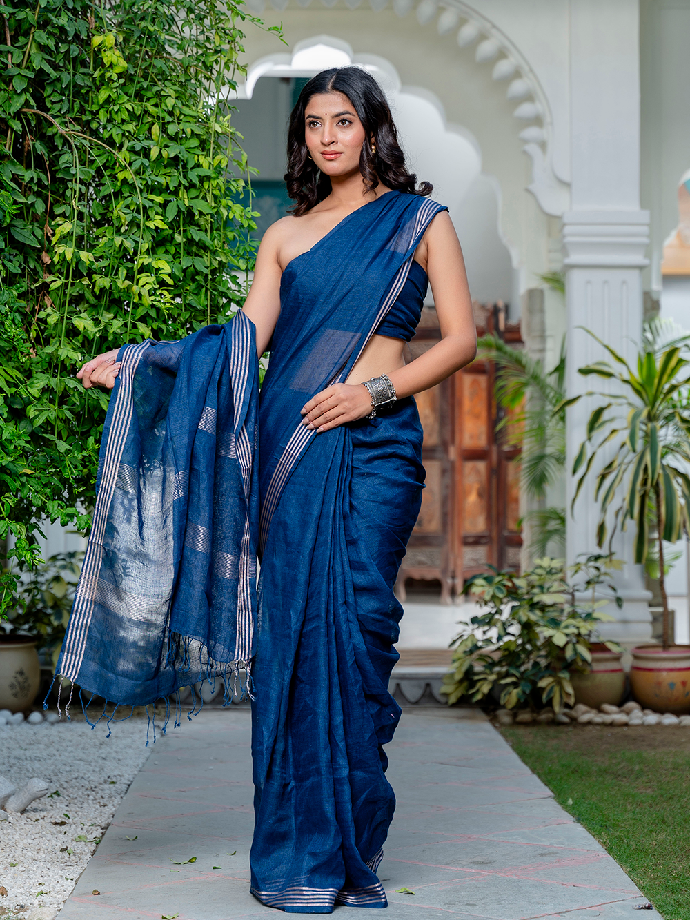 Midnight Blue Cross Dyed Pure Linen Saree with Blouse