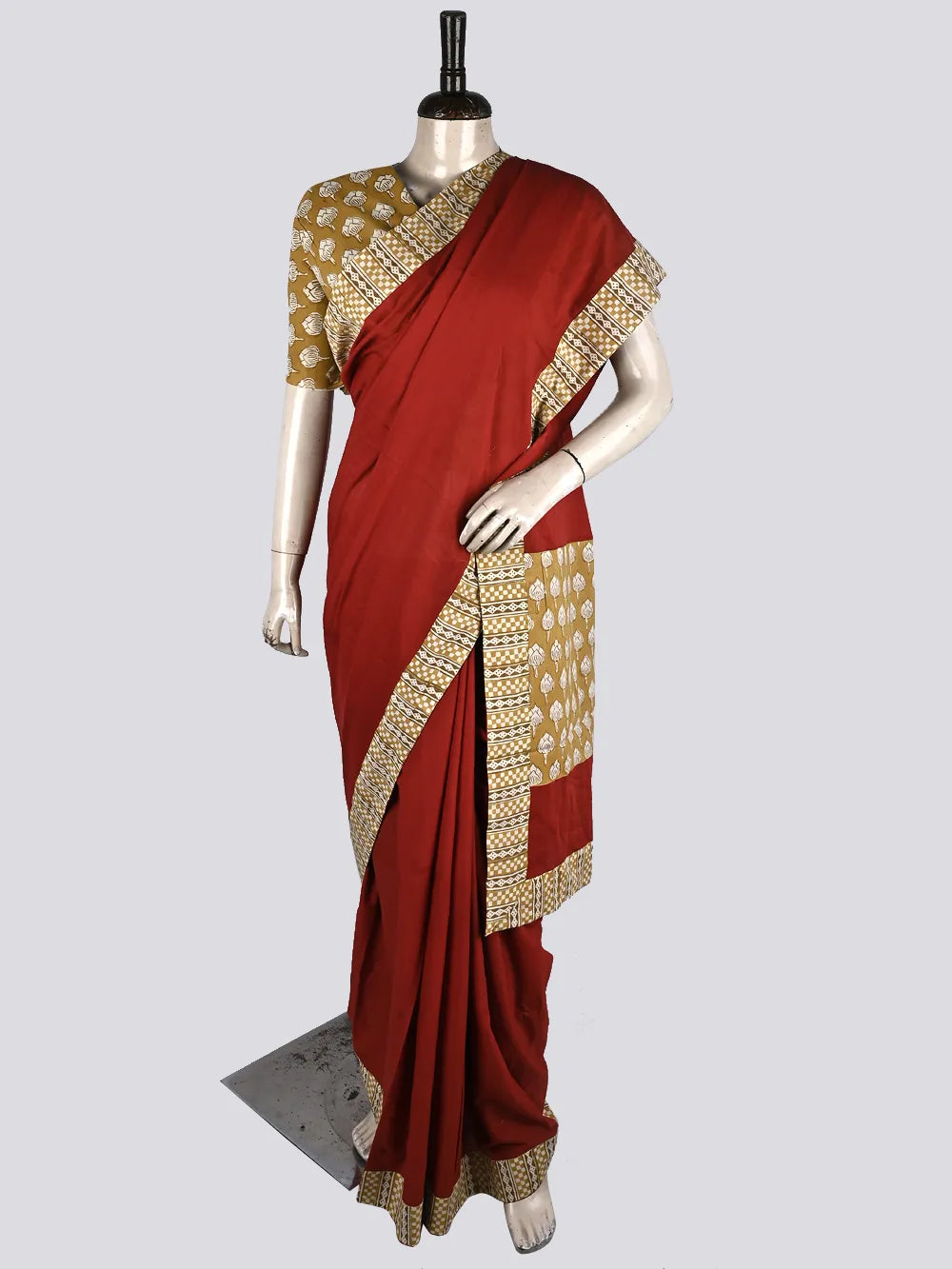 Plain Red with Bagru Yellow Patch Mul Mul Cotton Saree with Printed Blouse Piece