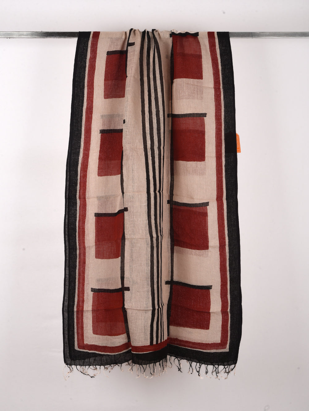 Bagru Red Squares Hand Printed Pure Linen Dupatta