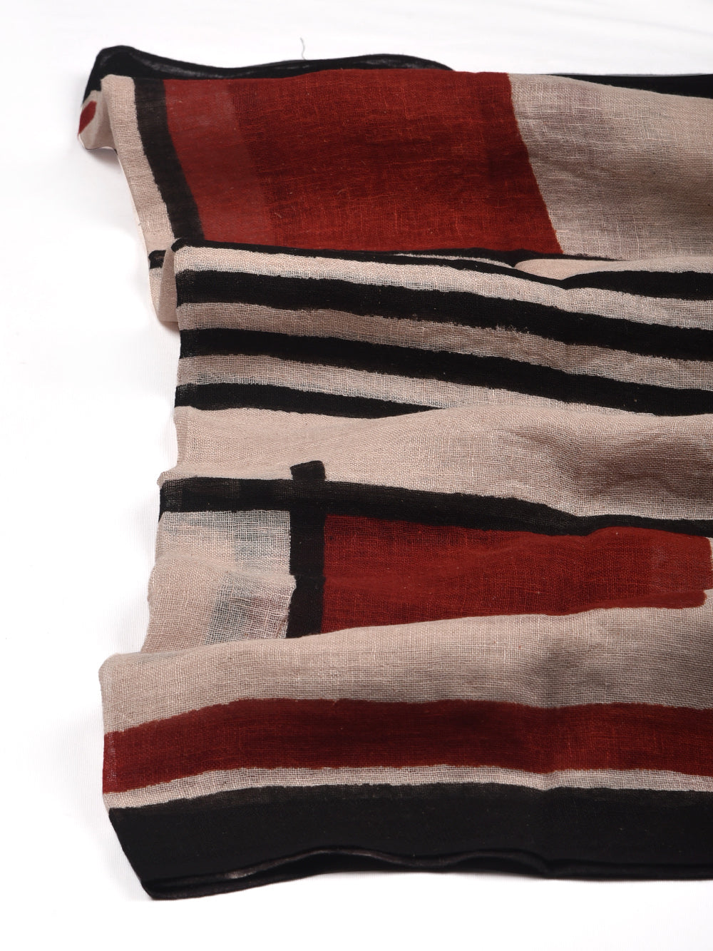 Bagru Red Squares Hand Printed Pure Linen Dupatta