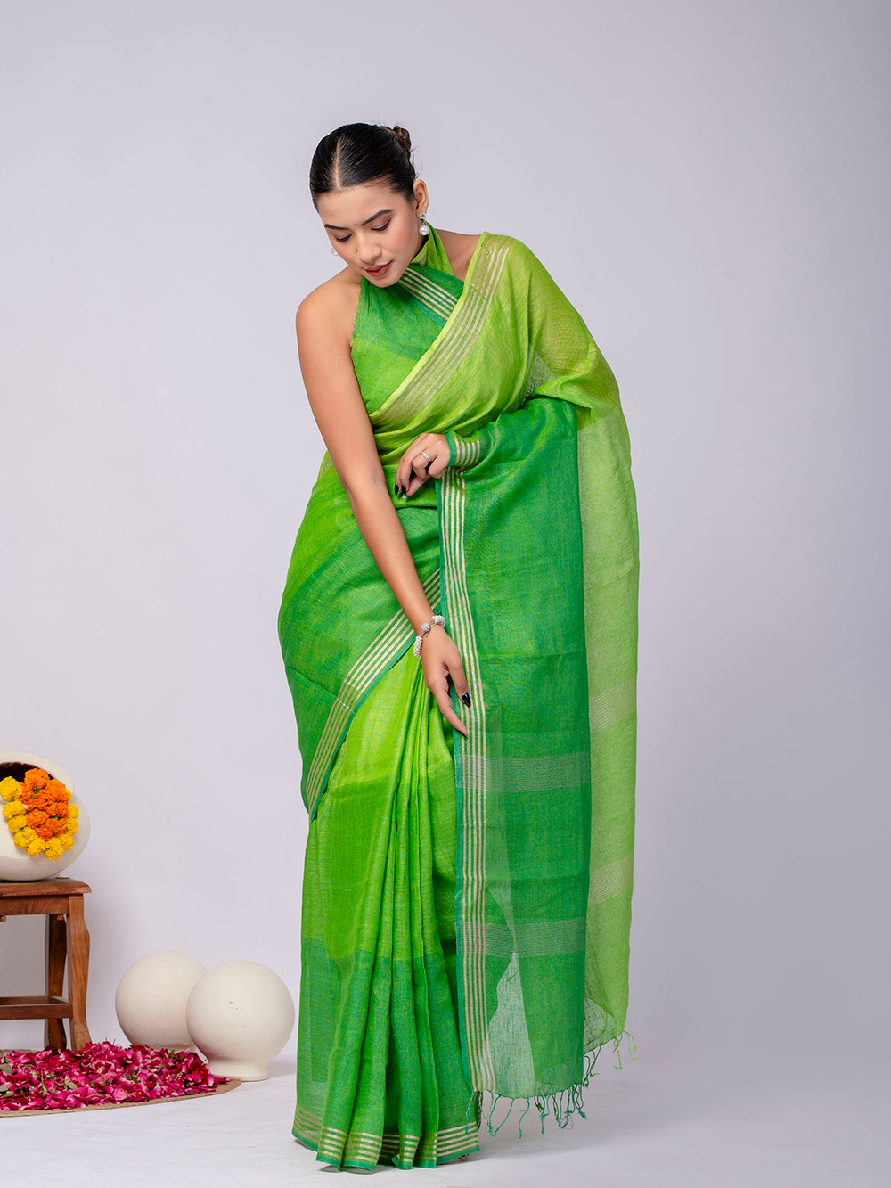 Fresh Green Cross Dyed Pure Linen Saree with Blouse