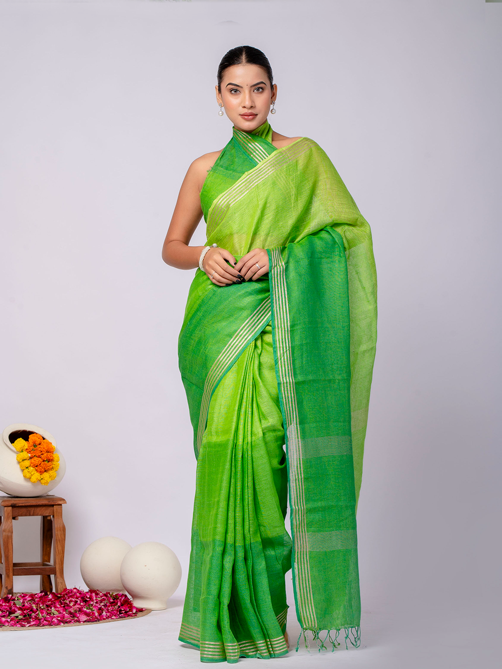 Fresh Green Cross Dyed Pure Linen Saree with Blouse
