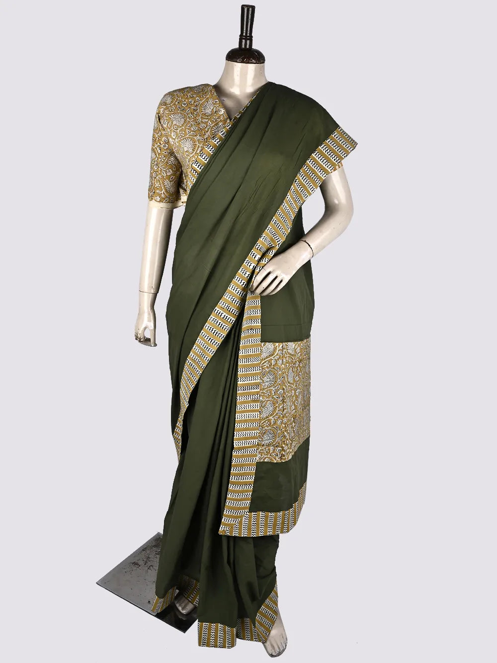 Plain Green with Bagru Yellow Patch Mul Mul Cotton Saree with Printed Blouse Piece