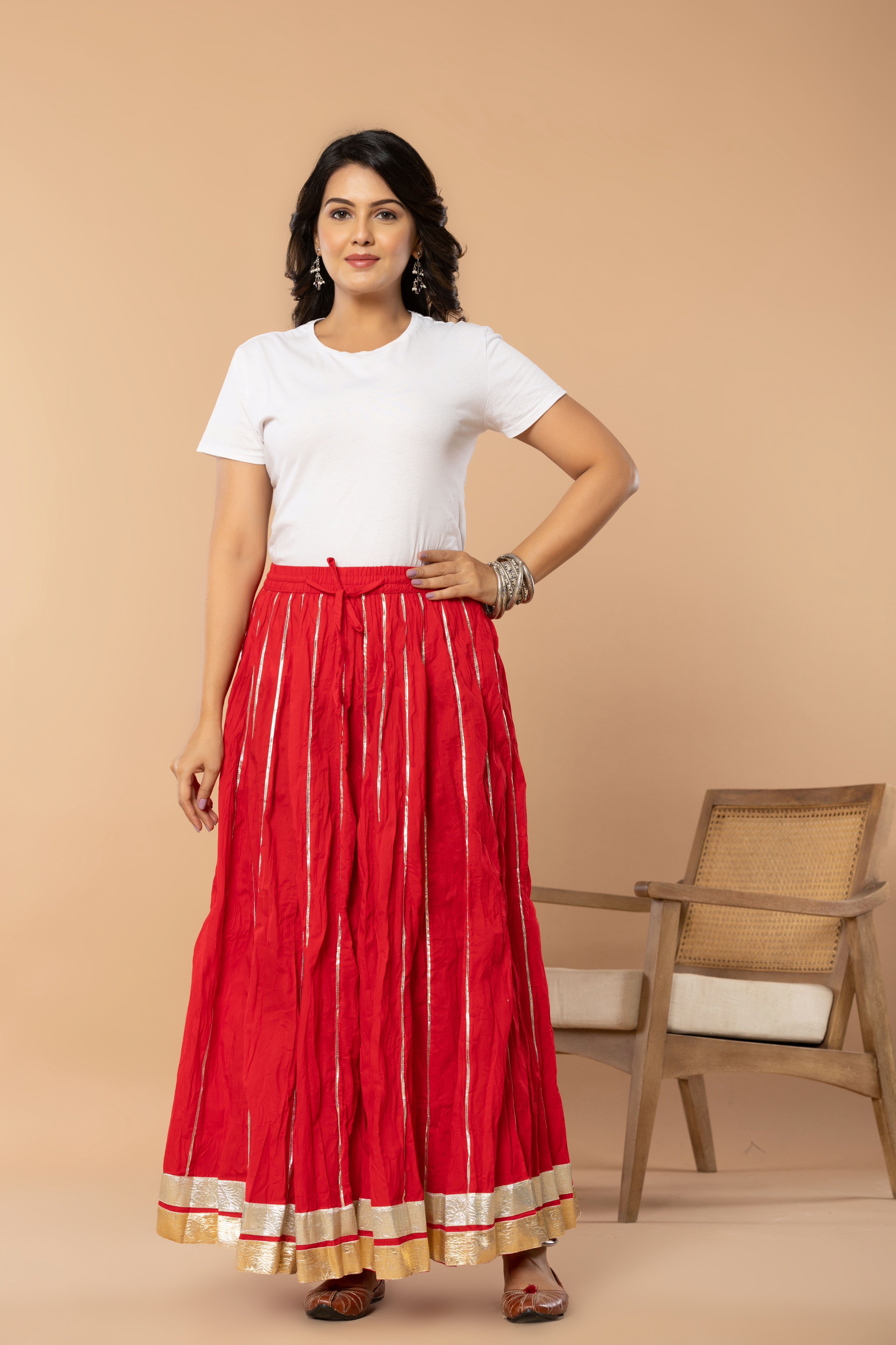 Maharaani Tomato Red Cotton Gota 28 Kali Kalidaar Skirt