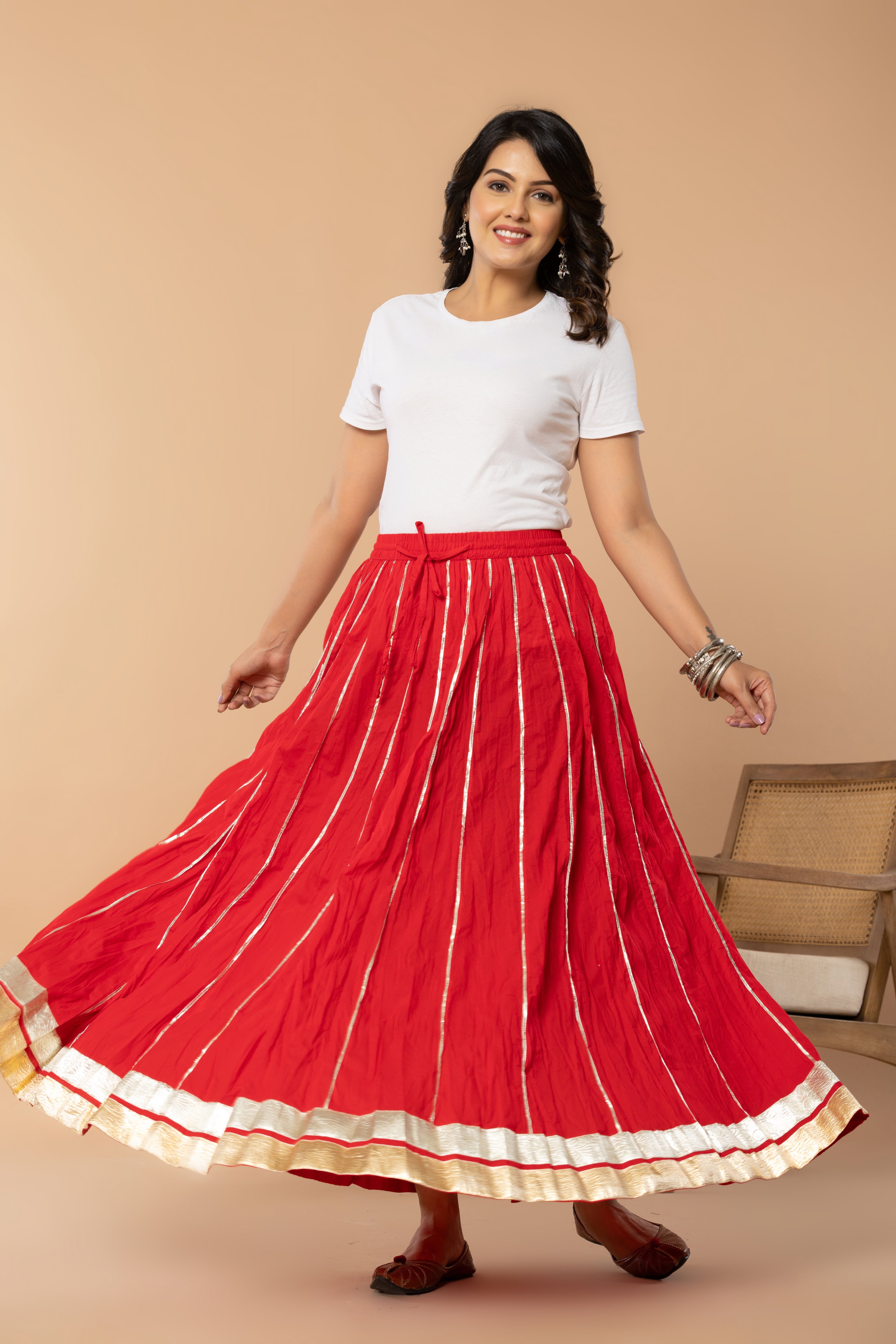 Maharaani Tomato Red Cotton Gota 28 Kali Kalidaar Skirt