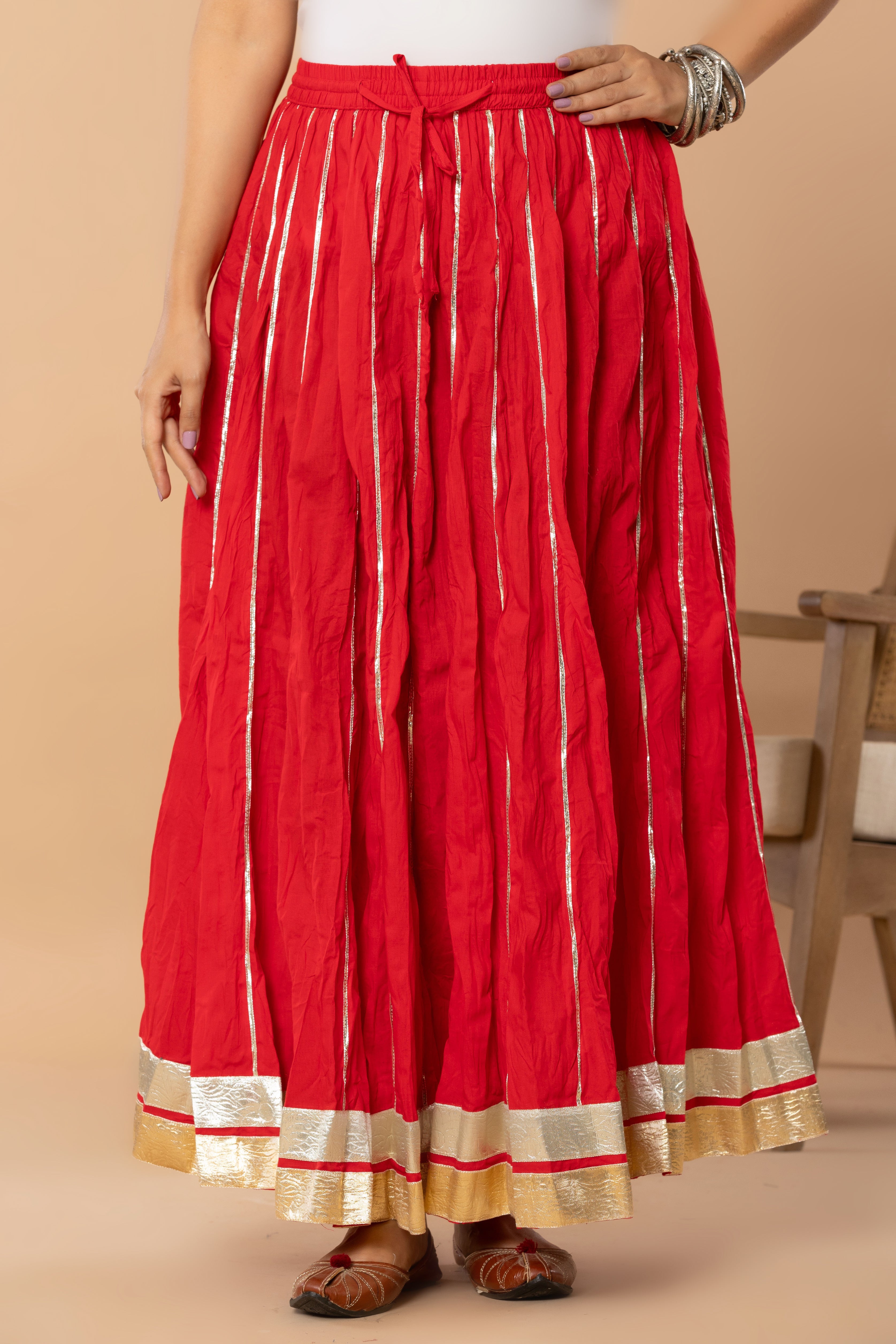 Maharaani Tomato Red Cotton Gota 28 Kali Kalidaar Skirt