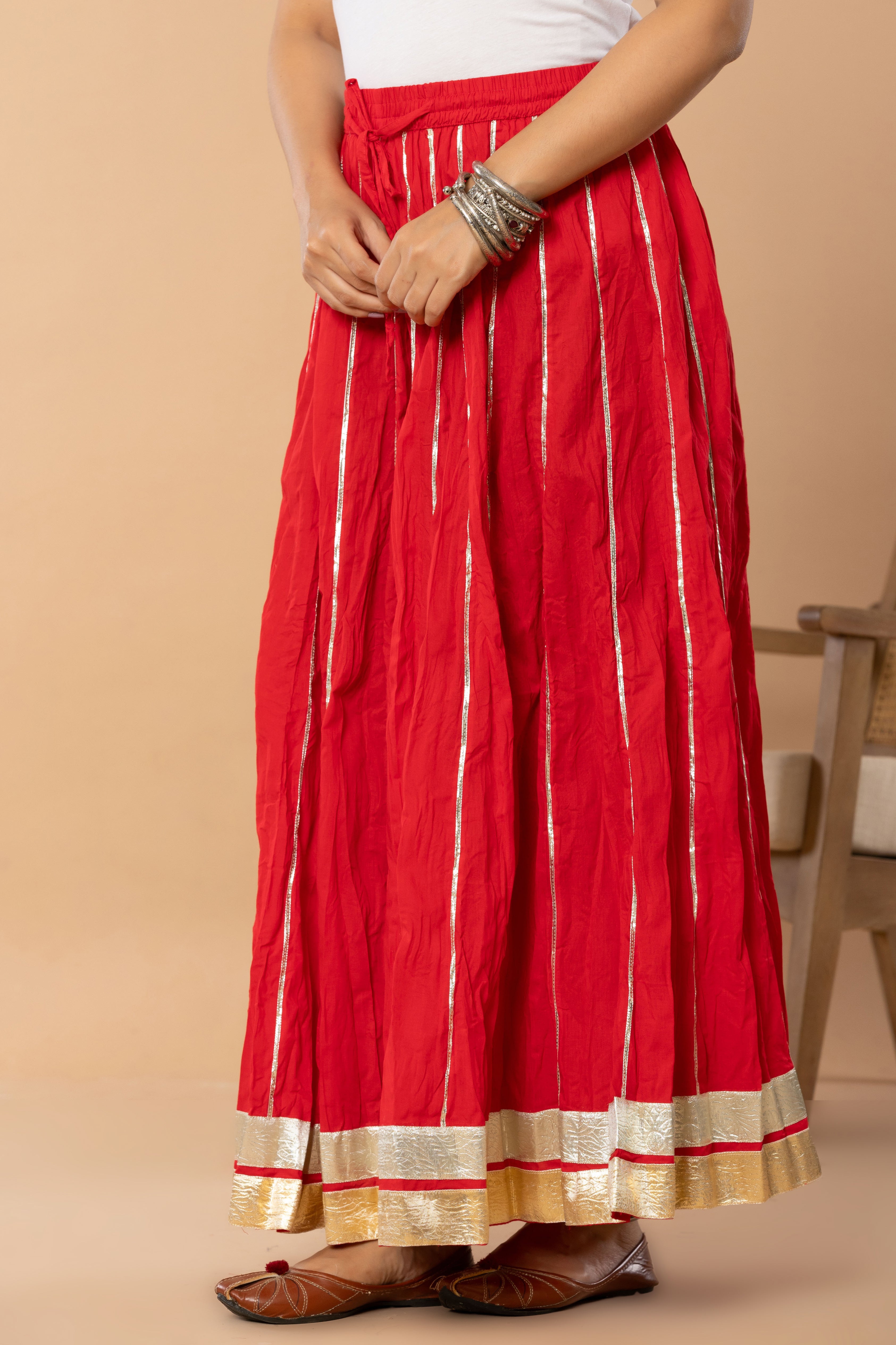 Maharaani Tomato Red Cotton Gota 28 Kali Kalidaar Skirt