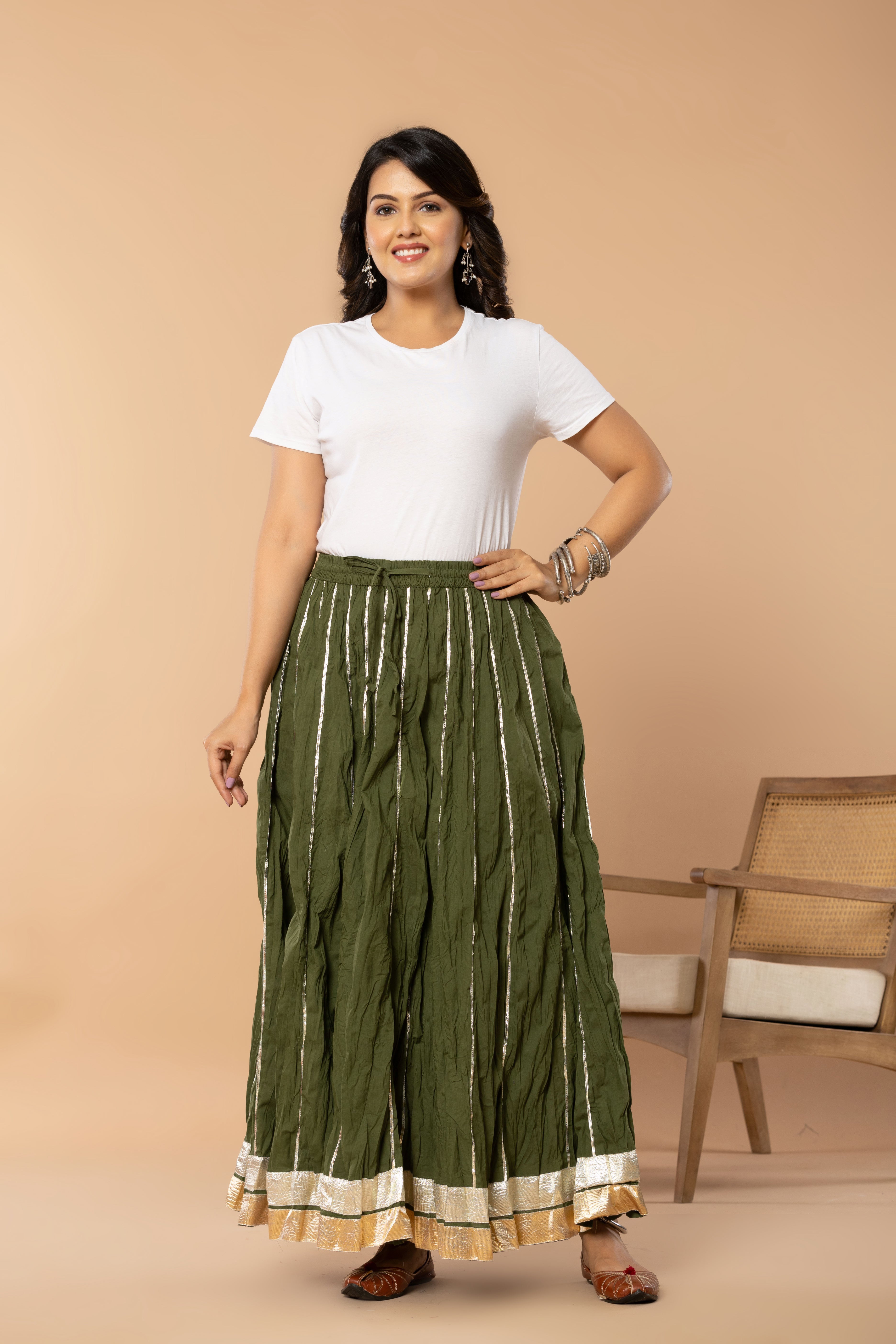 Maharaani Olive Green Cotton Gota 28 Kali Kalidaar Skirt