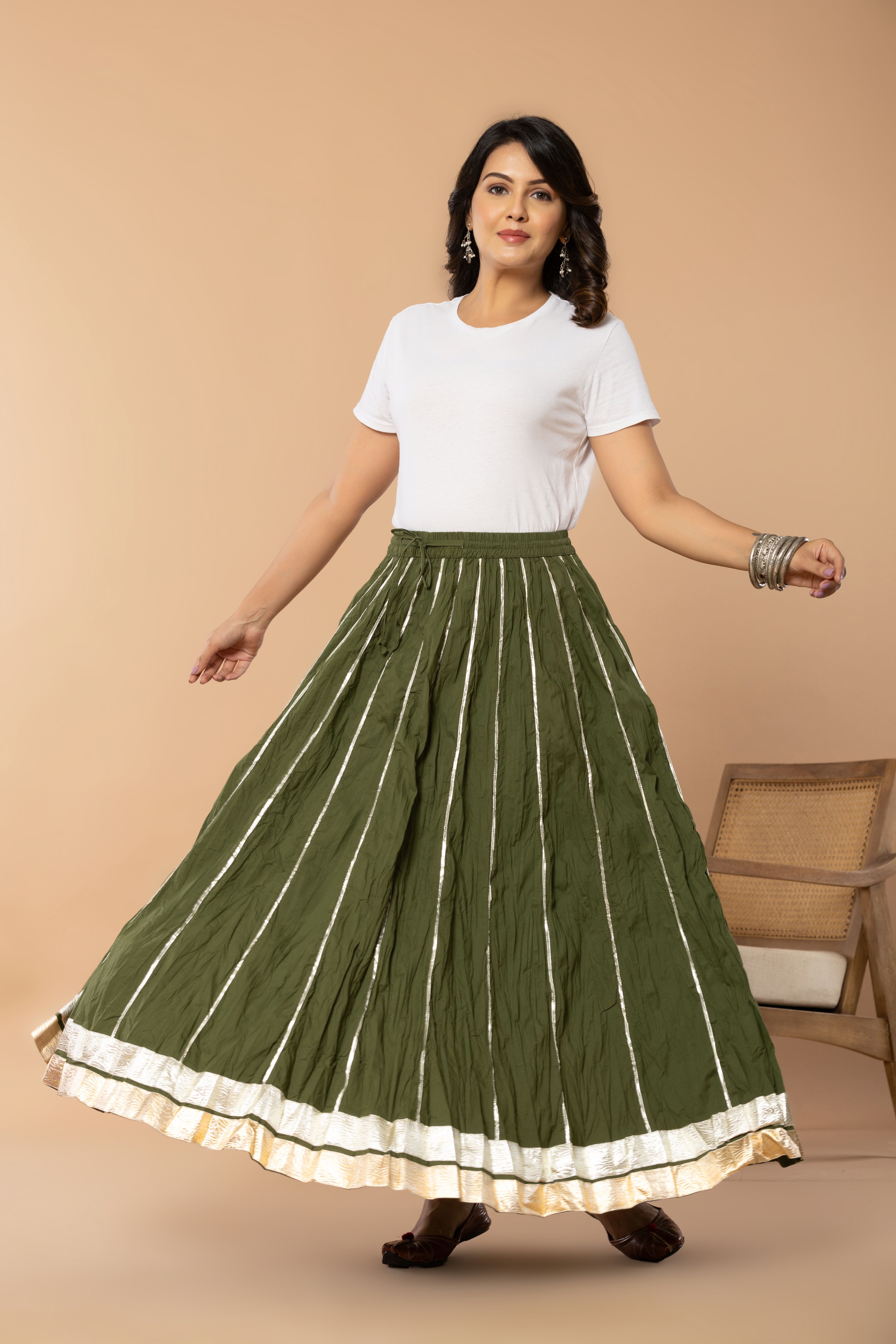 Maharaani Olive Green Cotton Gota 28 Kali Kalidaar Skirt