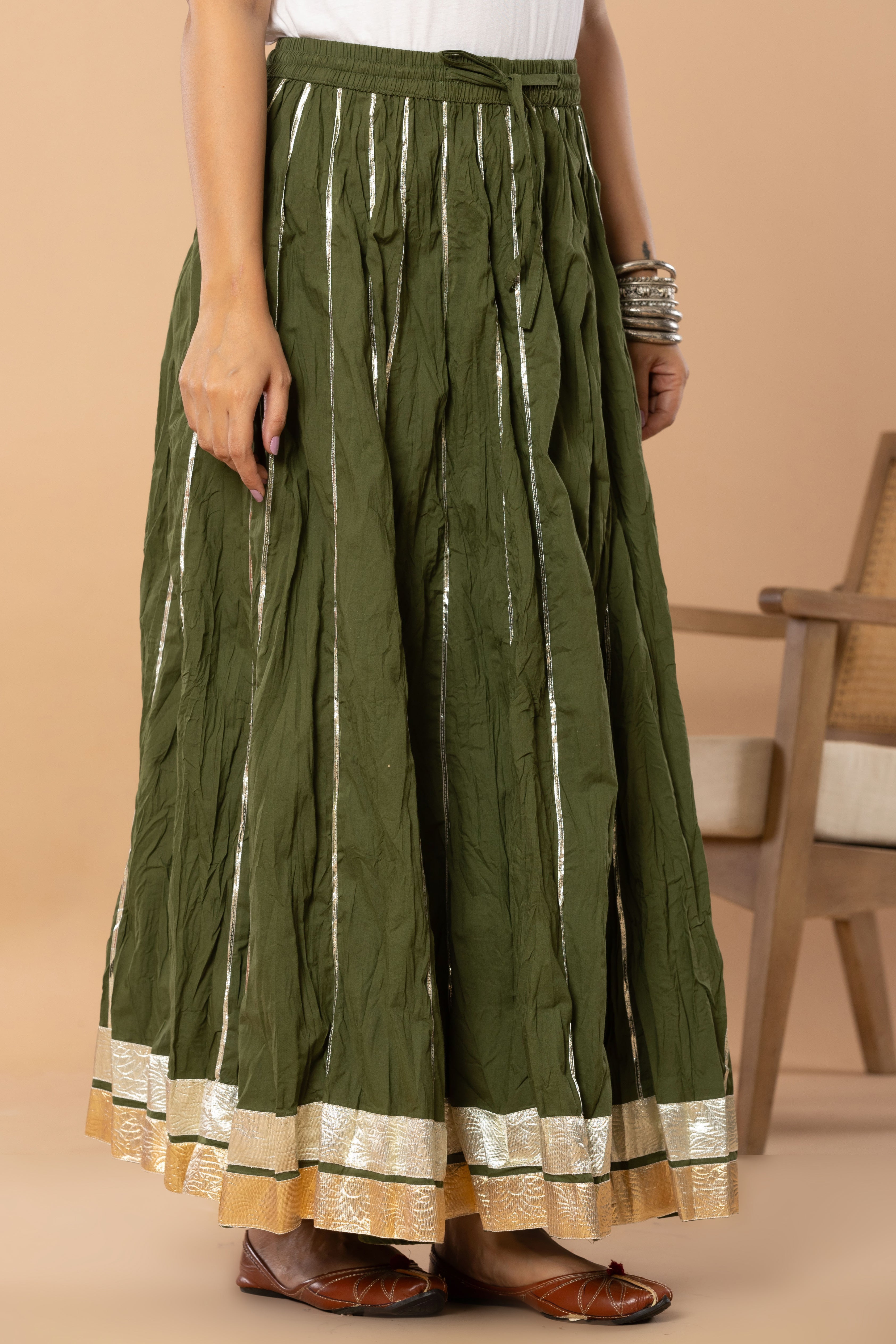 Maharaani Olive Green Cotton Gota 28 Kali Kalidaar Skirt