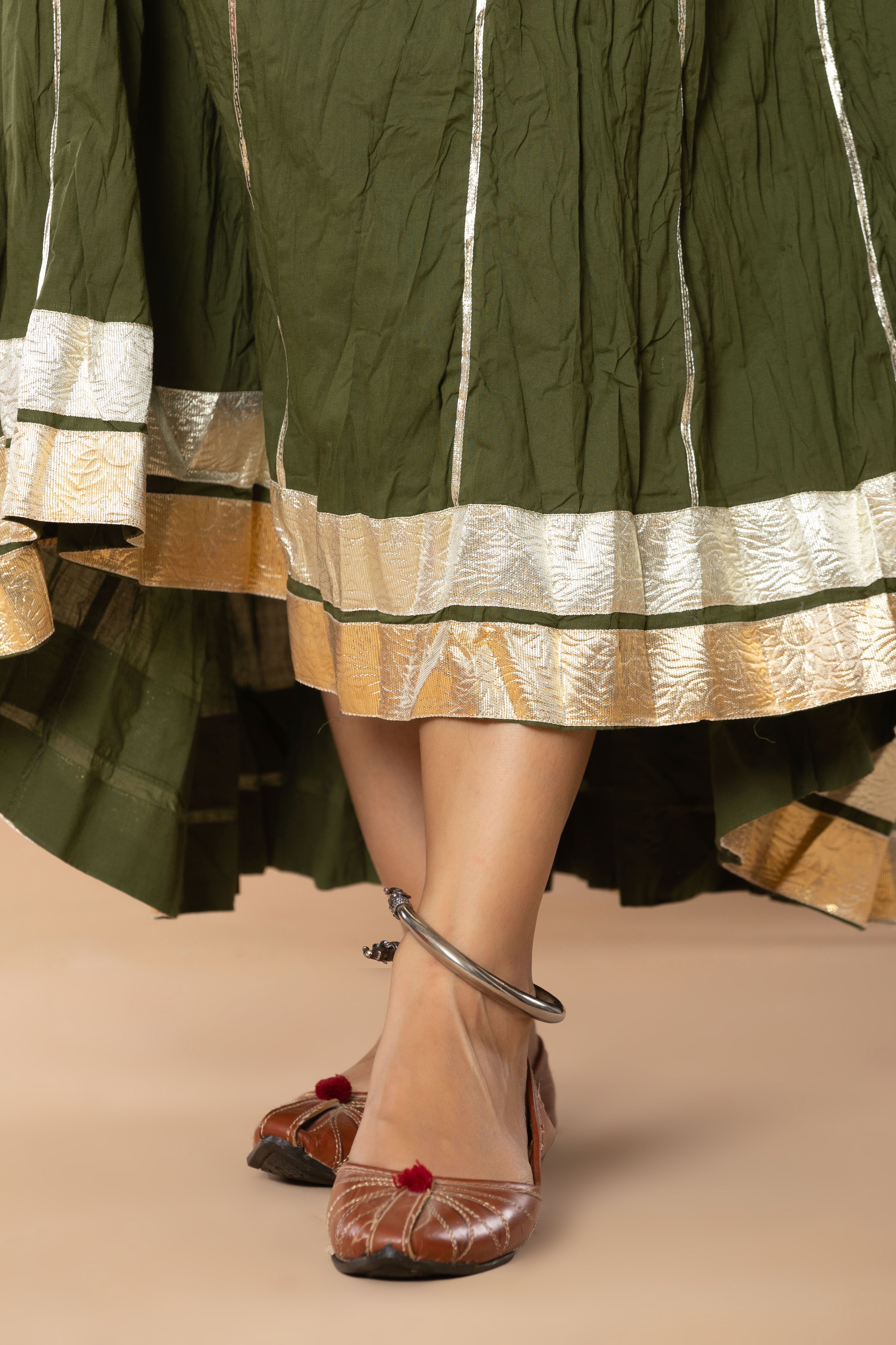 Maharaani Olive Green Cotton Gota 28 Kali Kalidaar Skirt